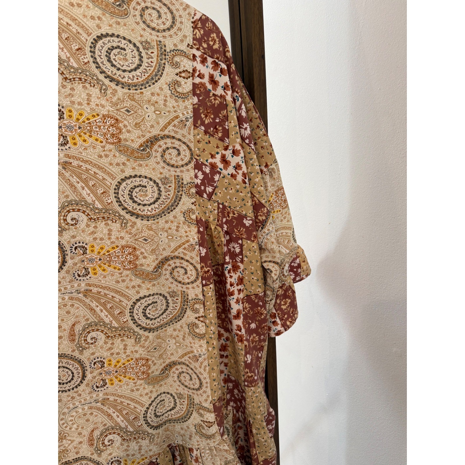 Boho Easel Patchwork Paisley Ruffle Mini Dress Earth Tones Bell Sleeve Boho L