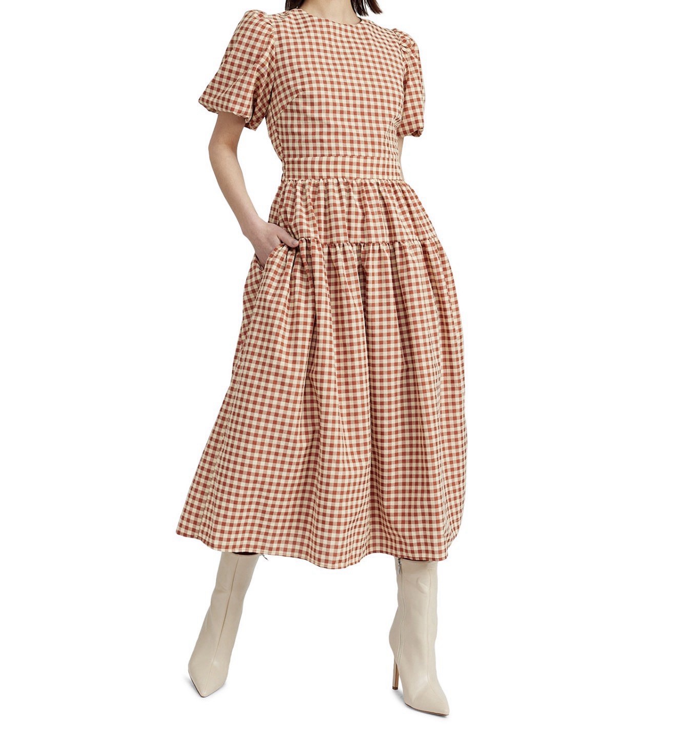 En Saison Brown/White Gingham Square Neck Puff Sleeve Midi Dress Pockets Sz S