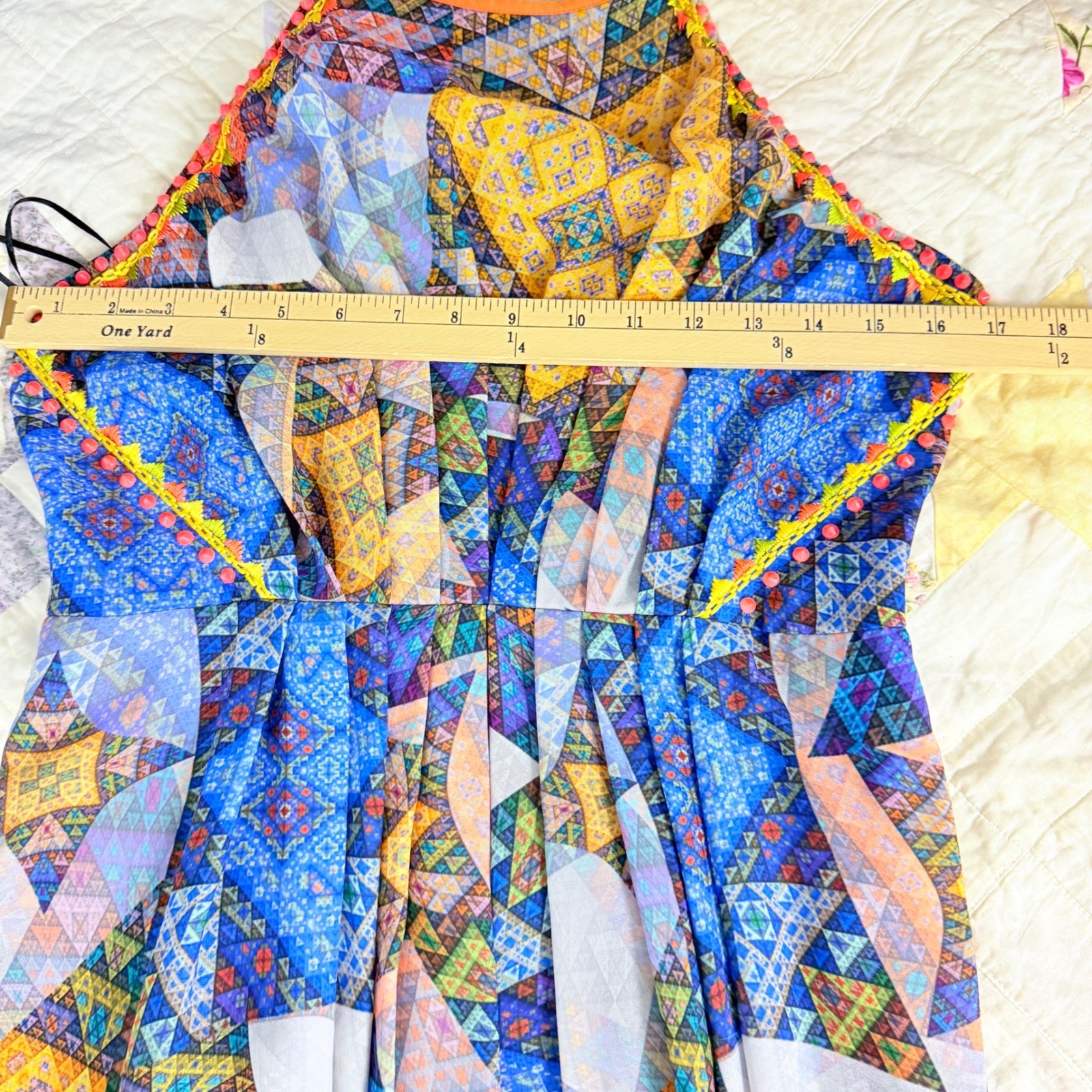 Anthropologie Ranna Gill Geometric Patchwork Pom Pom Maxi Dress Blue Orange M