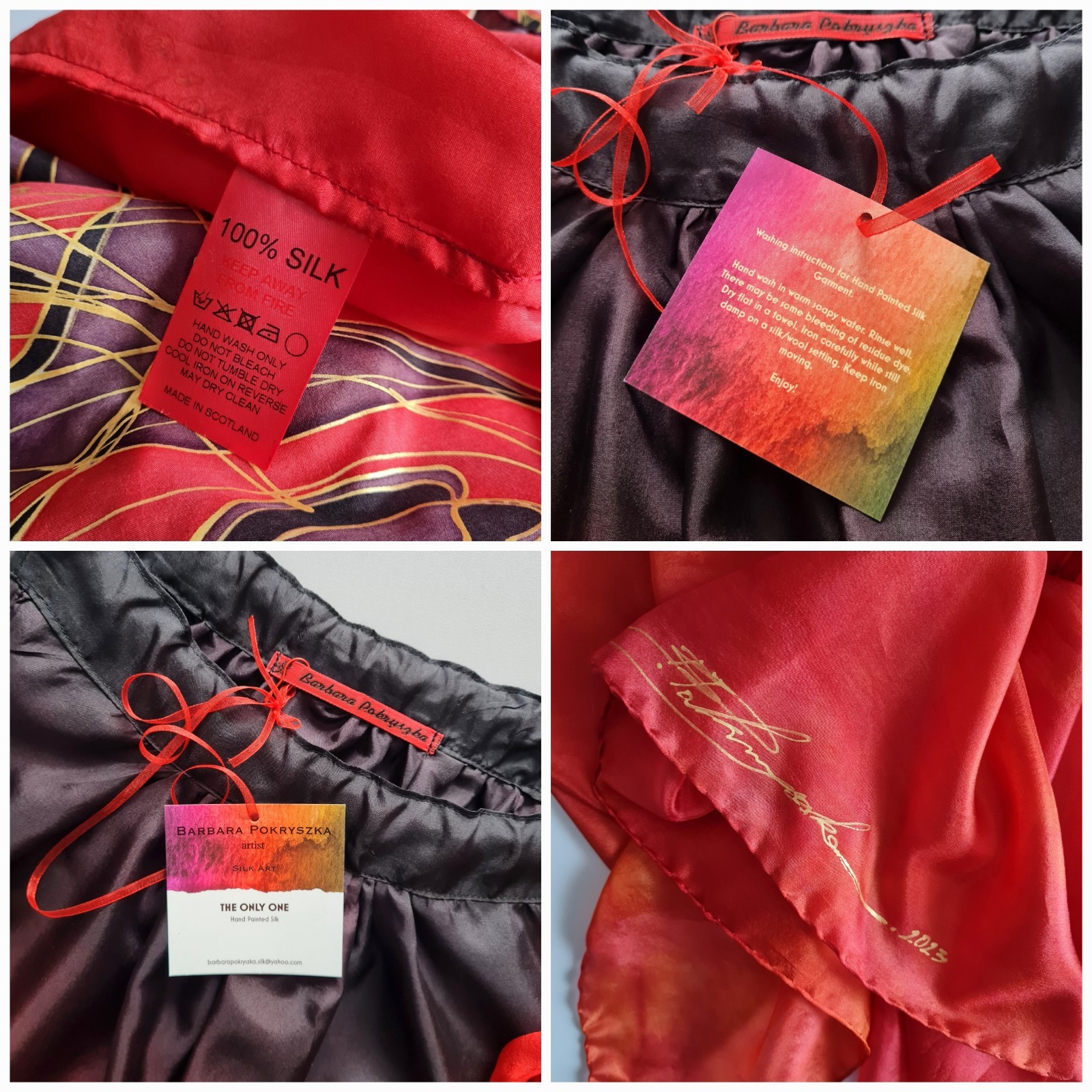 Bespoke Hand Painted Signed Silk Red/Black Tulips Summer Party Dress with Shawl