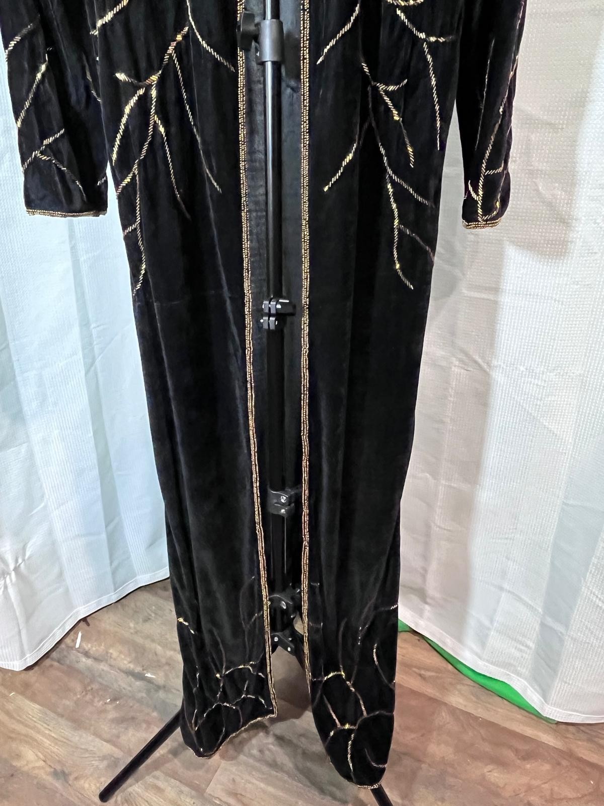 Black Velvet Beaded Sequin Duster Coat Open Front Floor Length Jacket