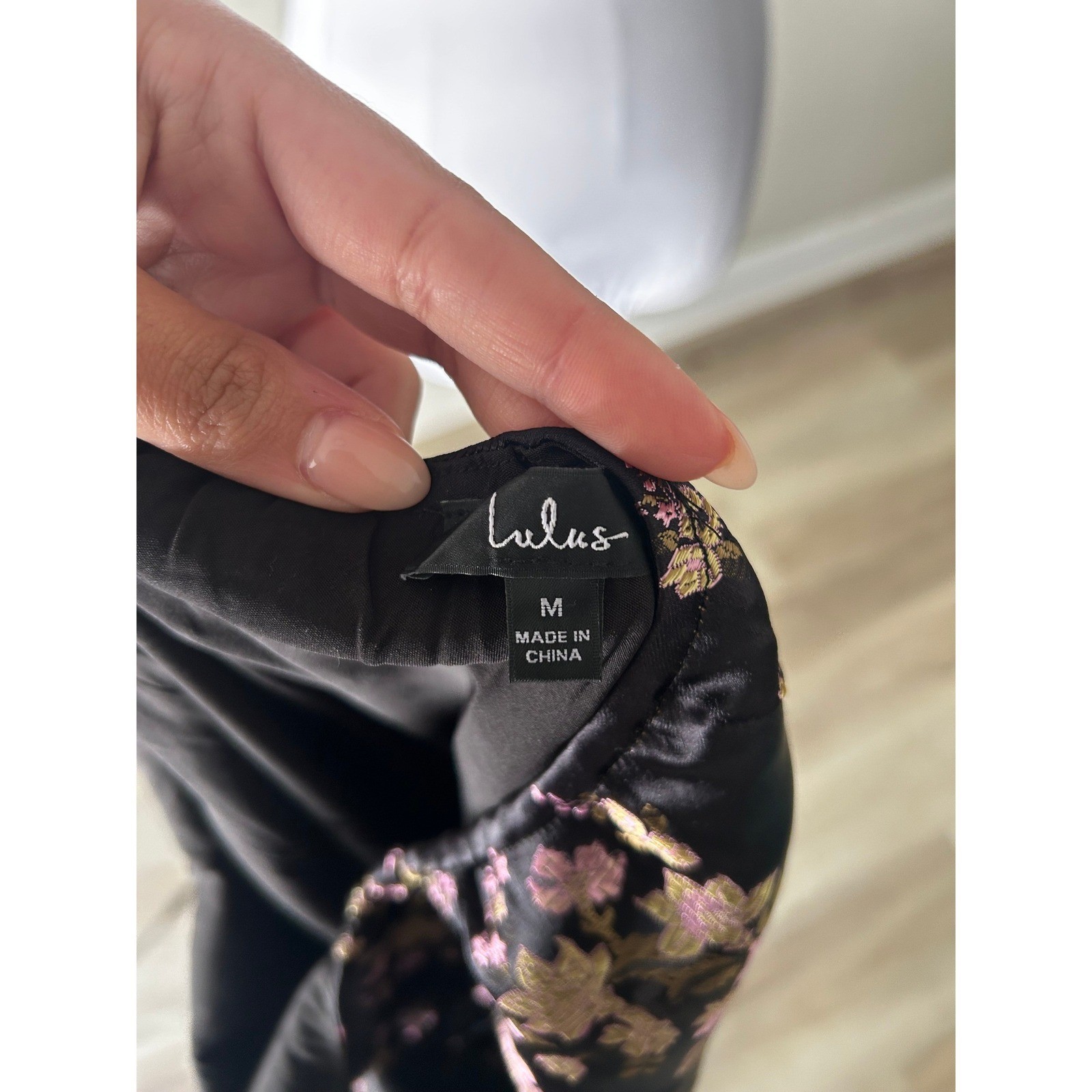 Lulus Halter Mini Dress Medium Black Gold Pink Floral Jacquard Backless