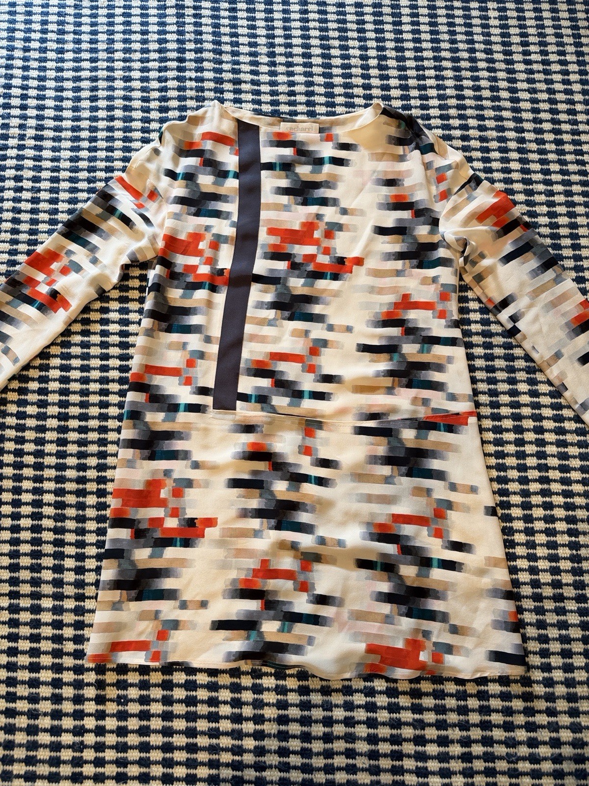 Vintage Cacharel Pixel-Print Long Sleeve Shift Dress in Ivory, Red & Navy Sz 12