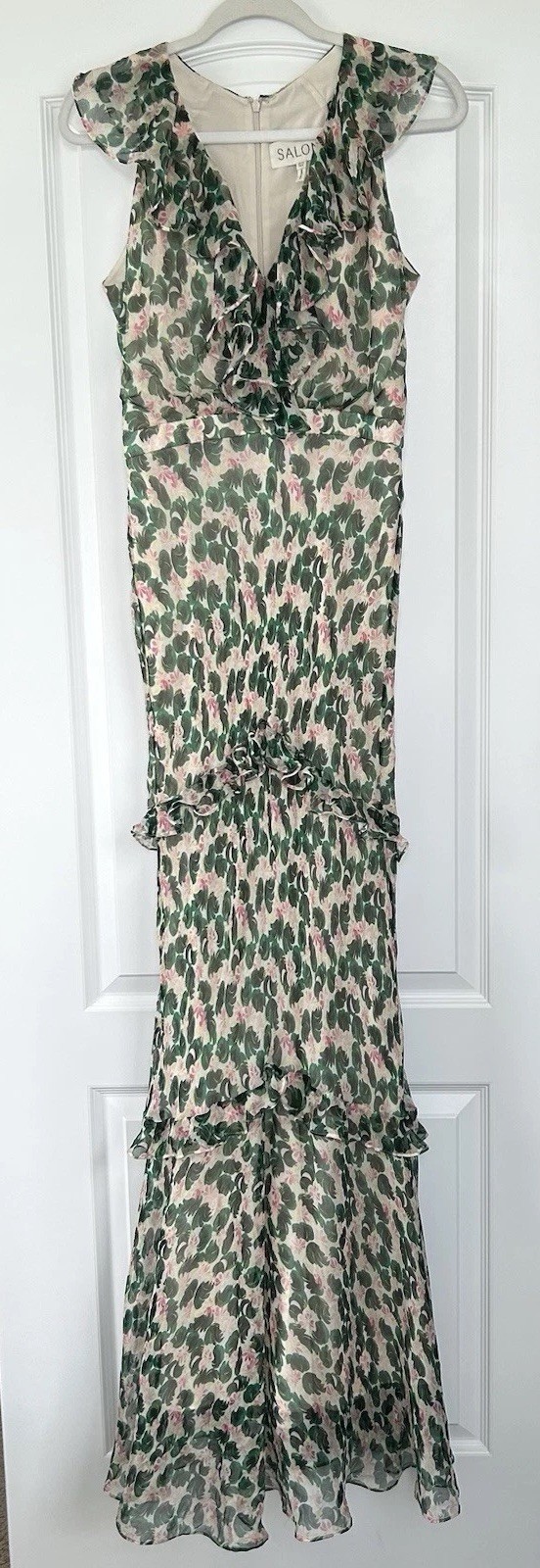 Saloni Rita Printed Silk Ruffle Maxi Dress 6 Floral Chiffon Crinkle Elegant