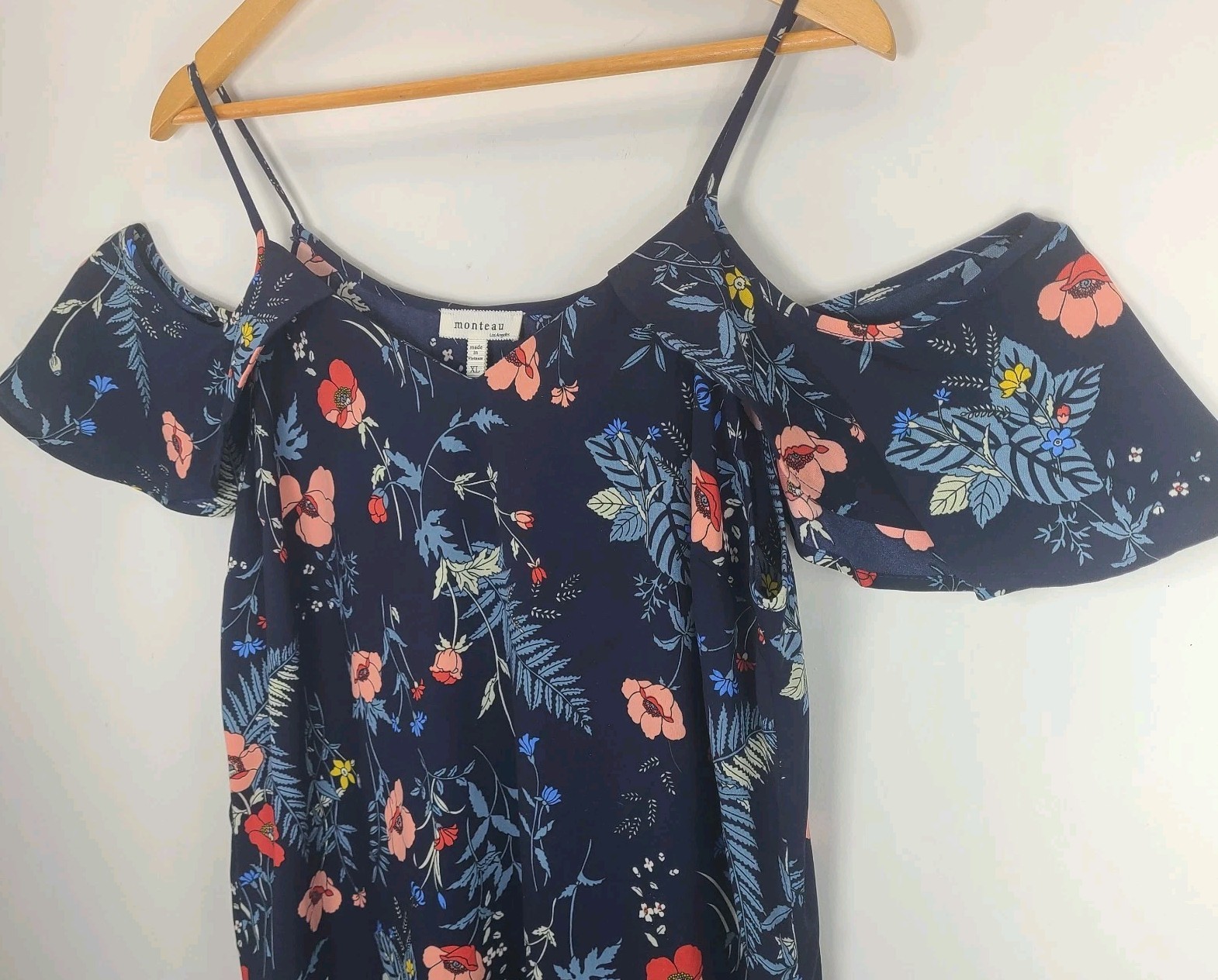 Monteau Floral Cold Shoulder Midi Dress XL Navy Pink Side Slit Lightweight
