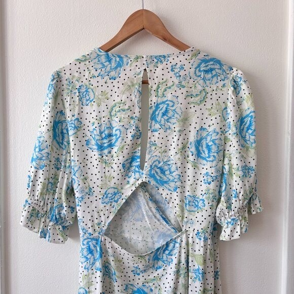 Miss Selfridge Allover Floral Print Cutout Back Wrap Midi Dress Blue Size 12