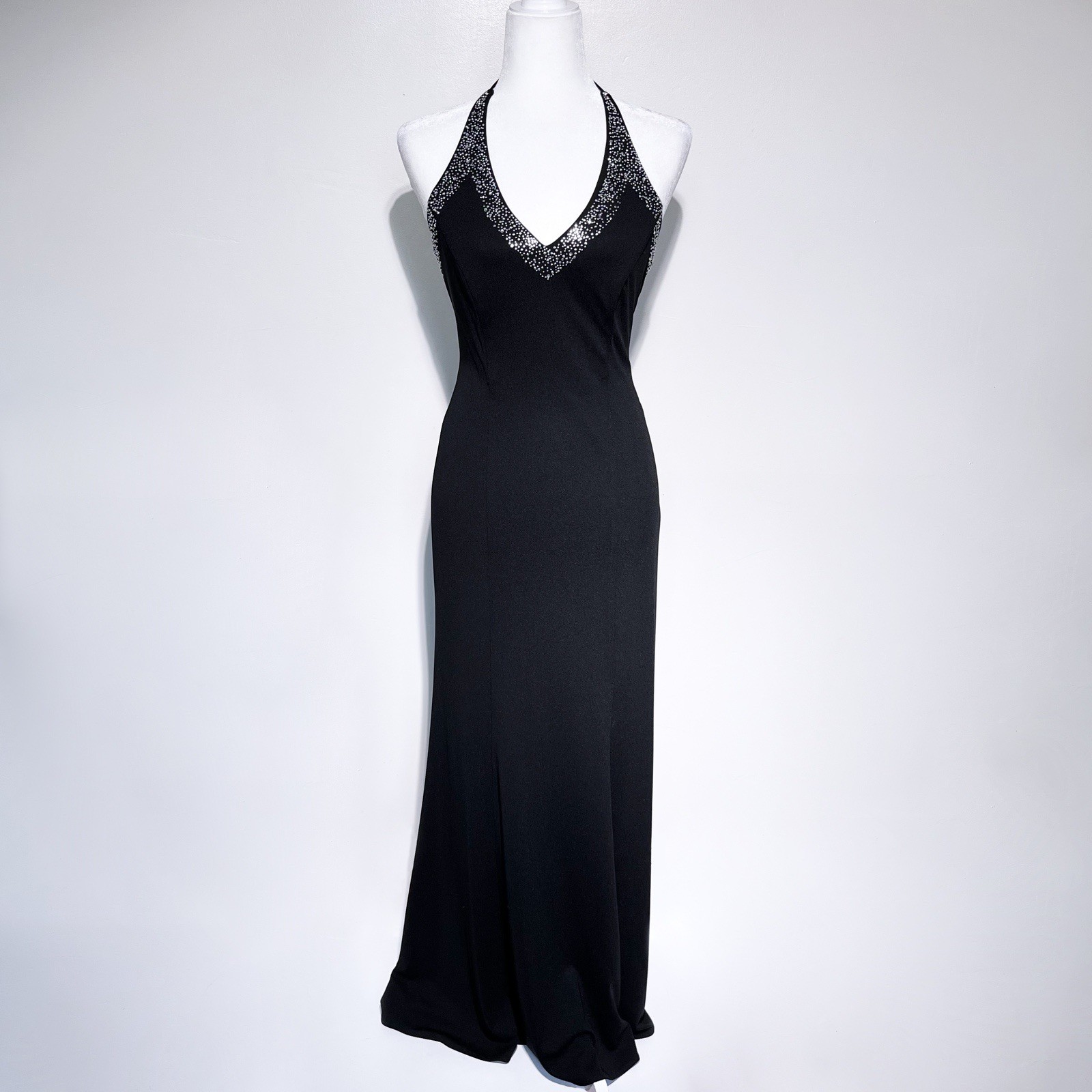 Vintage 90s Blondie Nites Black & Silver Bedazzle Halter Lace Up Back Maxi Dress