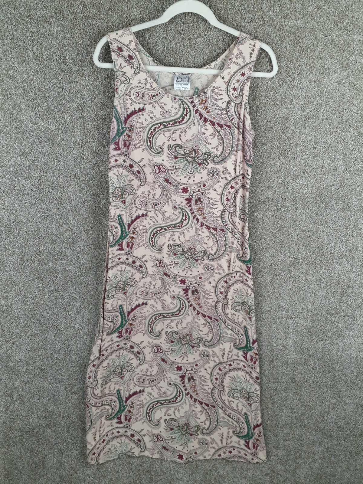 Vtg Cute Options Maxi Dress Womens L Purple Beige Paisley 100% Rayon Sleeveless