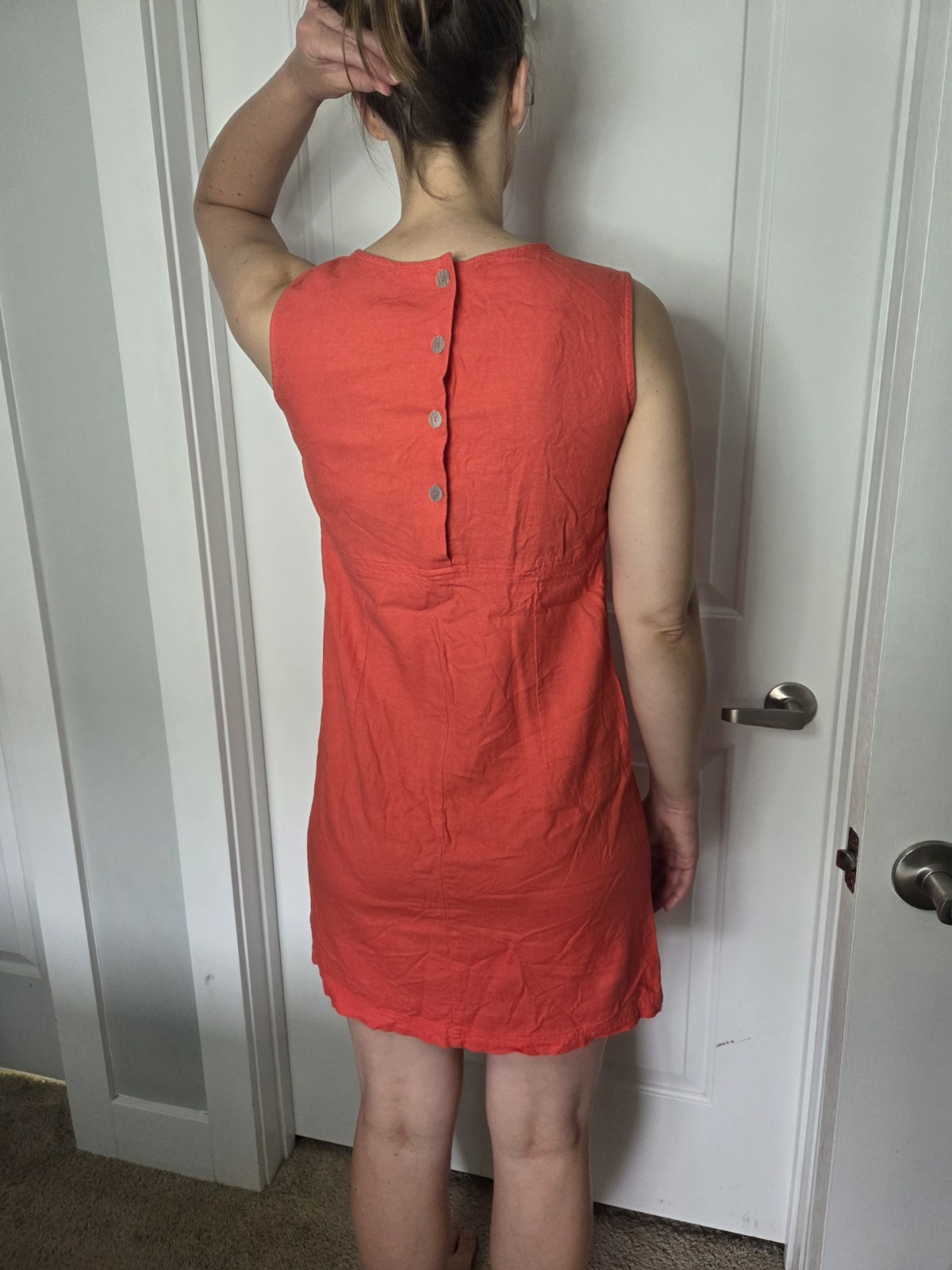 White Stag Women’s Orange Solid Shift Dress Sleeveless Round Neck Knee S Linen