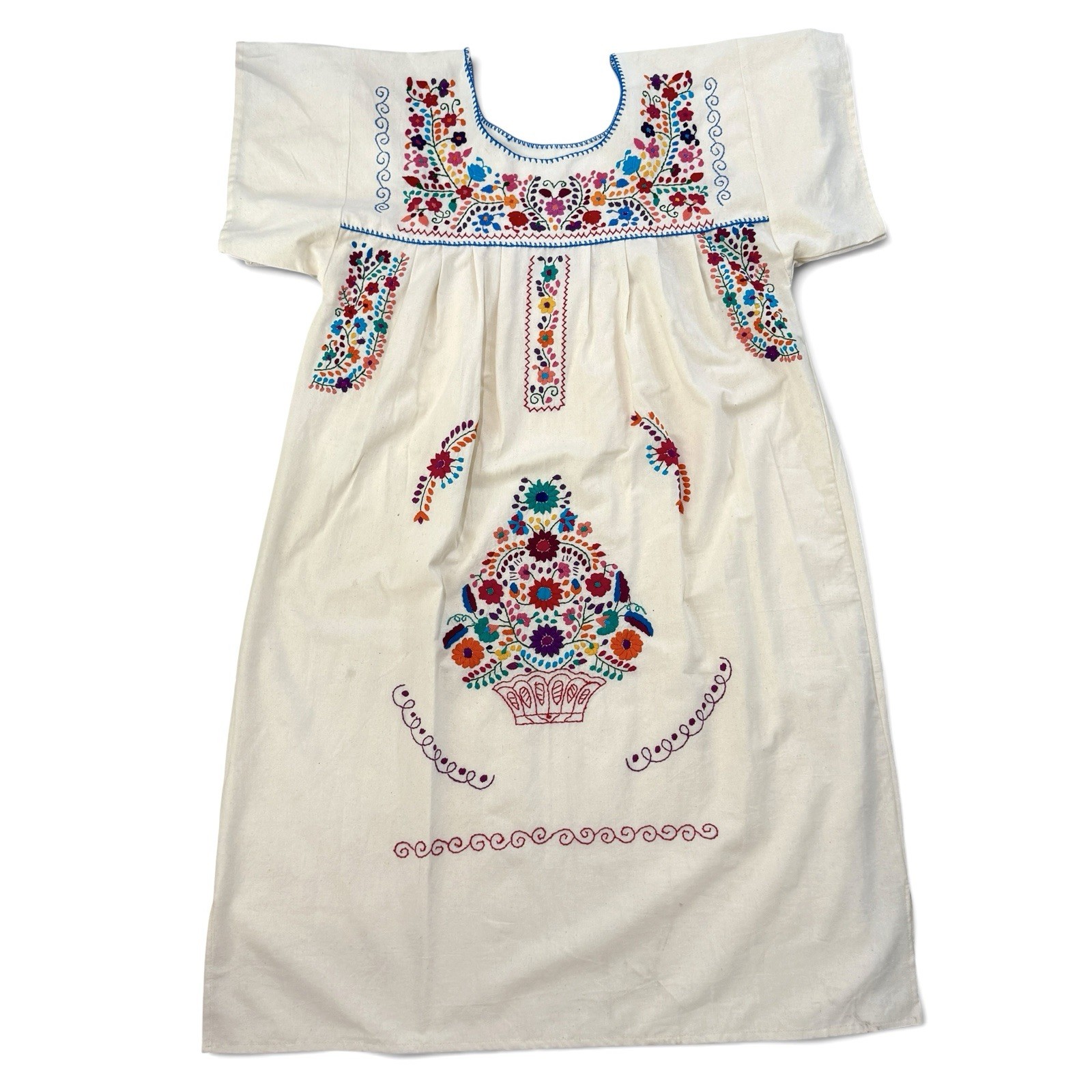 Mexican Puebla Dress Embroidered Floral Cotton Boho Maxi Long White Handmade XL