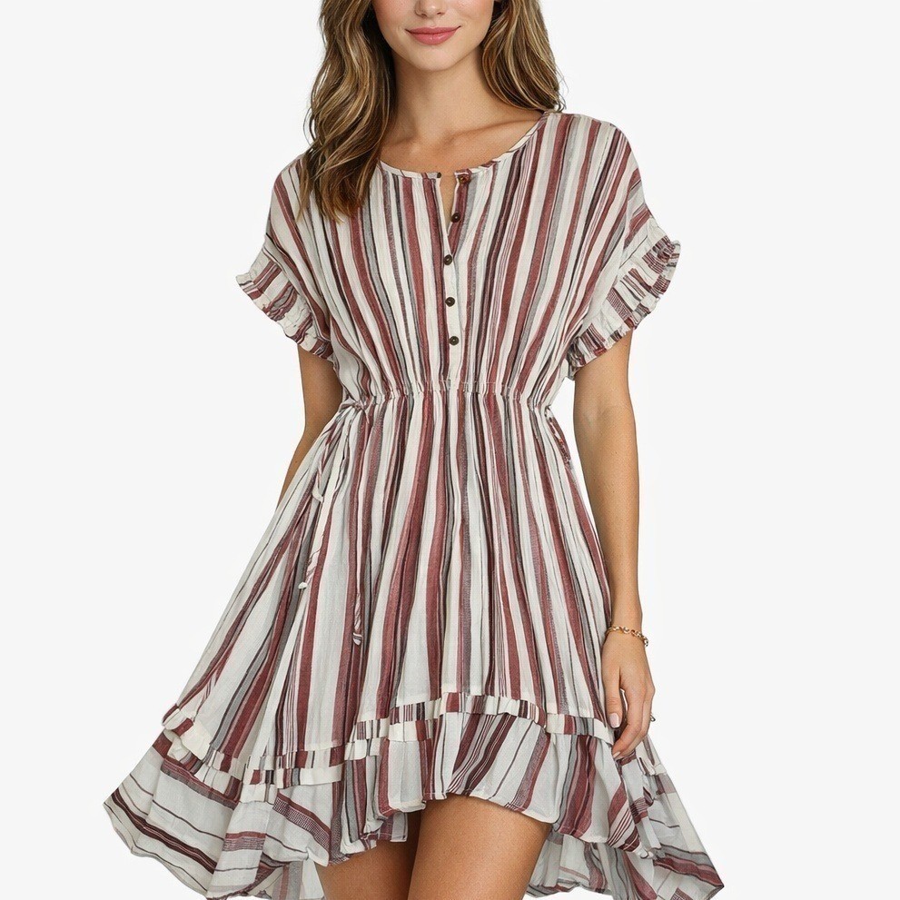 True Craft Womens Striped Handkerchief Hem Midi Dress Ivory Burgundy Size M NEW