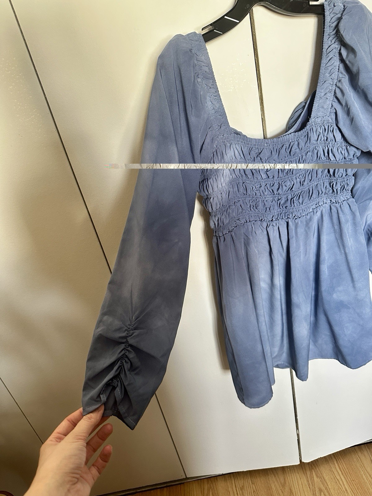 ASTR The Label Blue Dyed Smocked Puff Long Sleeve Mini Babydoll Peasant Dress L
