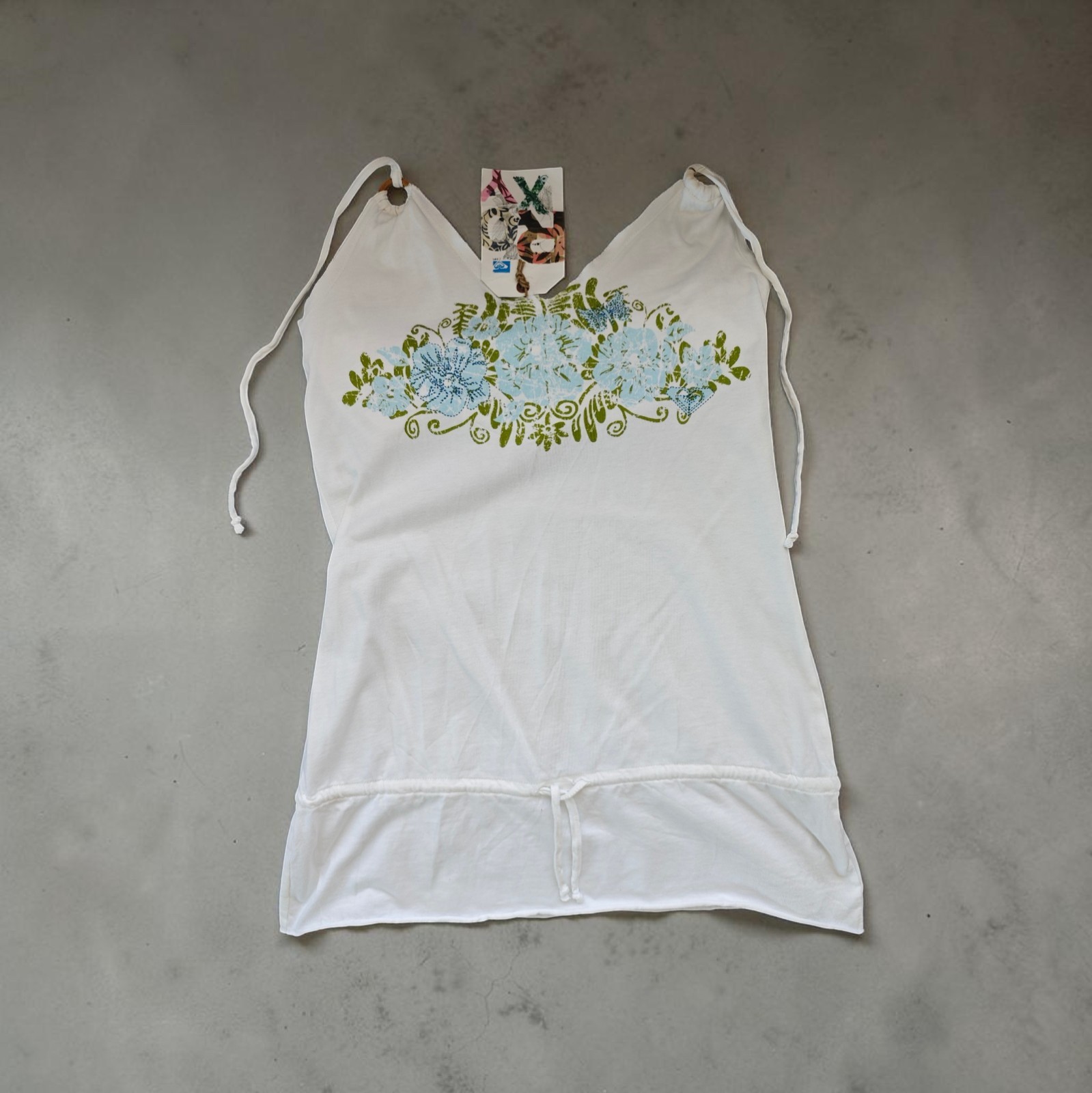 Roxy Vintage Y2K White Cami Dress Tunic Floral Blue Olive Print Women’s L Mini