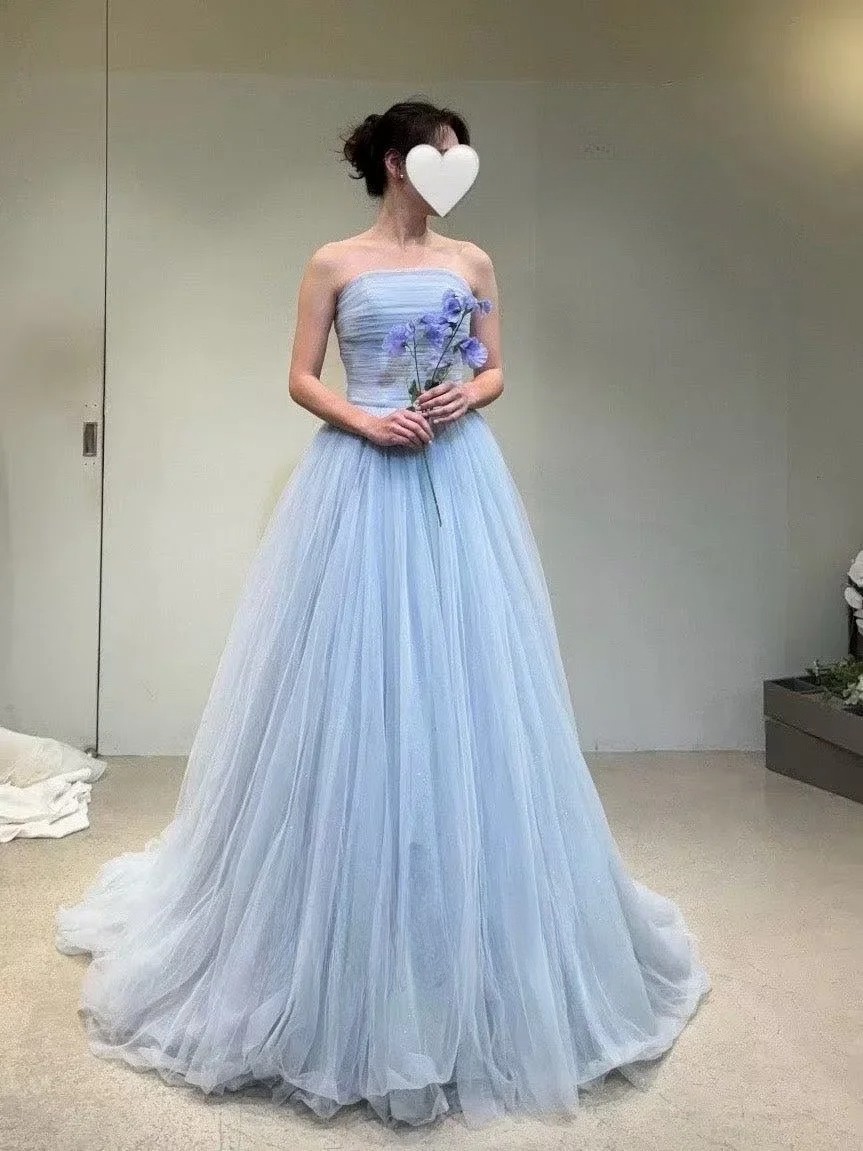 Blue chiffon sleeveless wedding dress with off shoulder layered evening gown