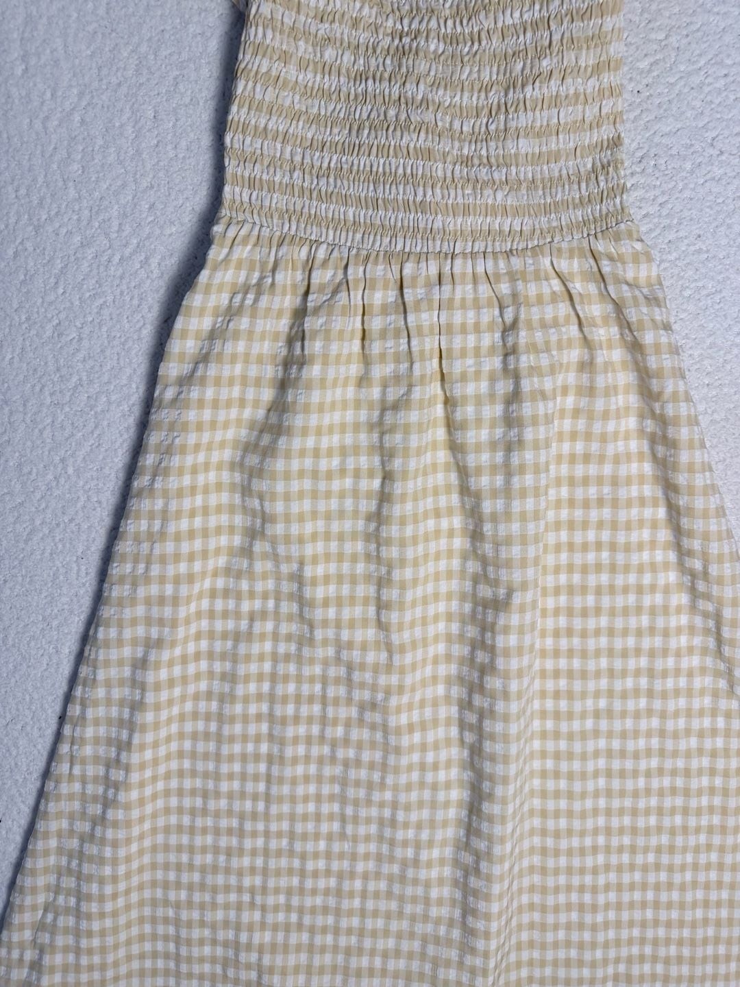 Le Lis Collection Yellow White Gingham Seersucker Smocked Midi Dress Tie Back