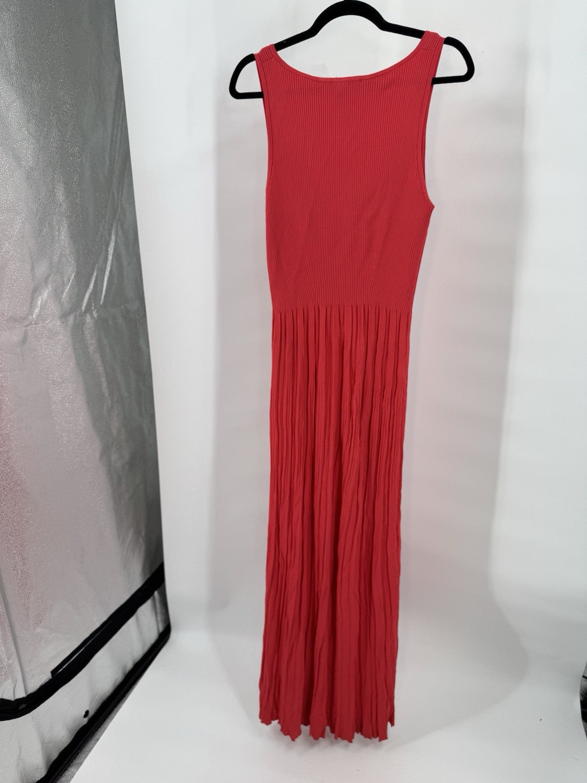 Michael Kors Red Ribbed Knit Pleated Maxi Dress Scoop Neck L MRSP -278