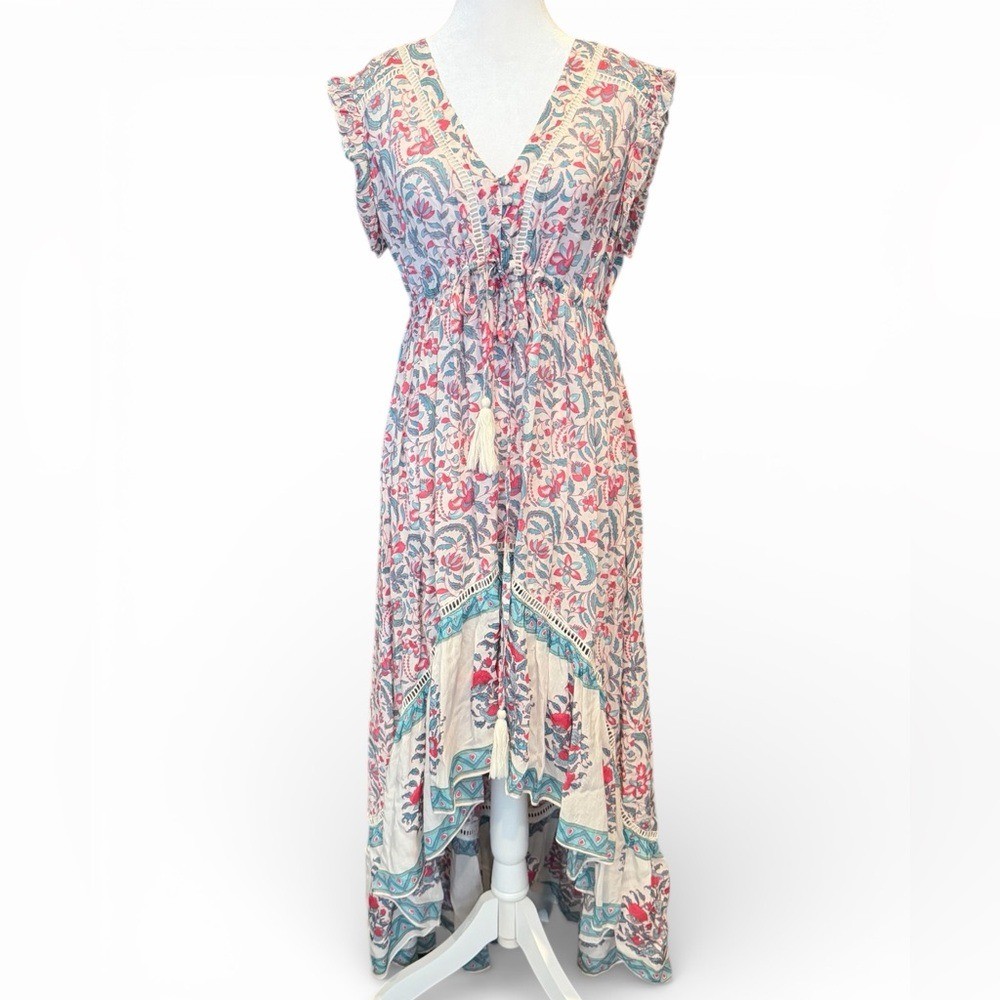 Miss June Women’s Cotton Red Blue Bohemian Chic Maxi Dress Size Small