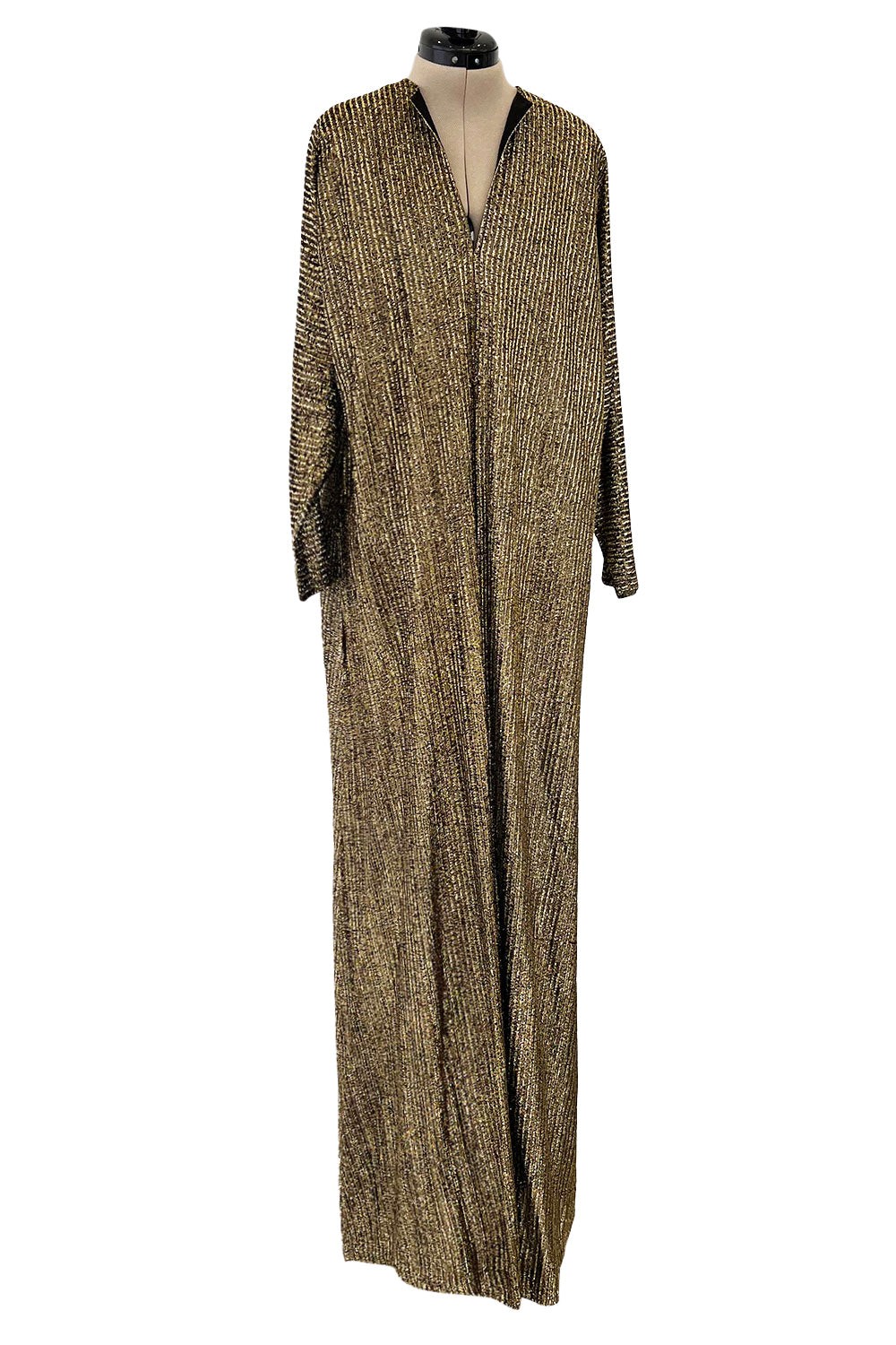 Halston IV 1980s Dorian Black Metallic Gold Lame Maxi Full Length Caftan Kaftan