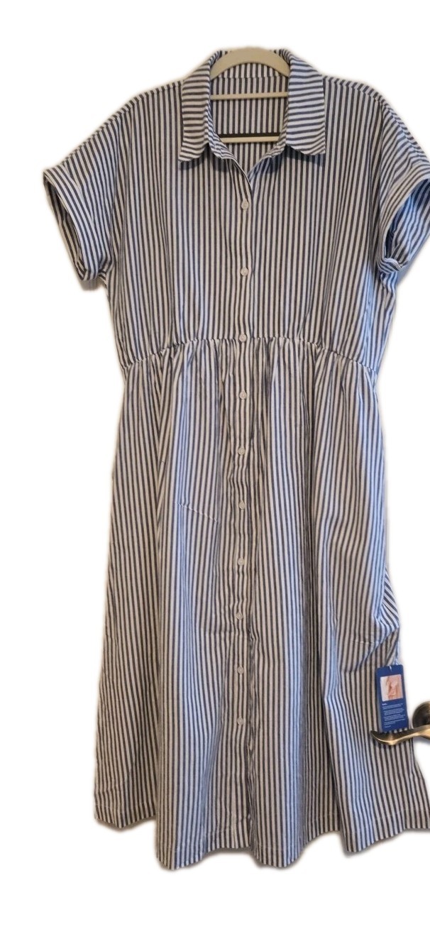 Lightweight Short Sleeved 100% Cotton Blue Striped Dress, Med- NWT