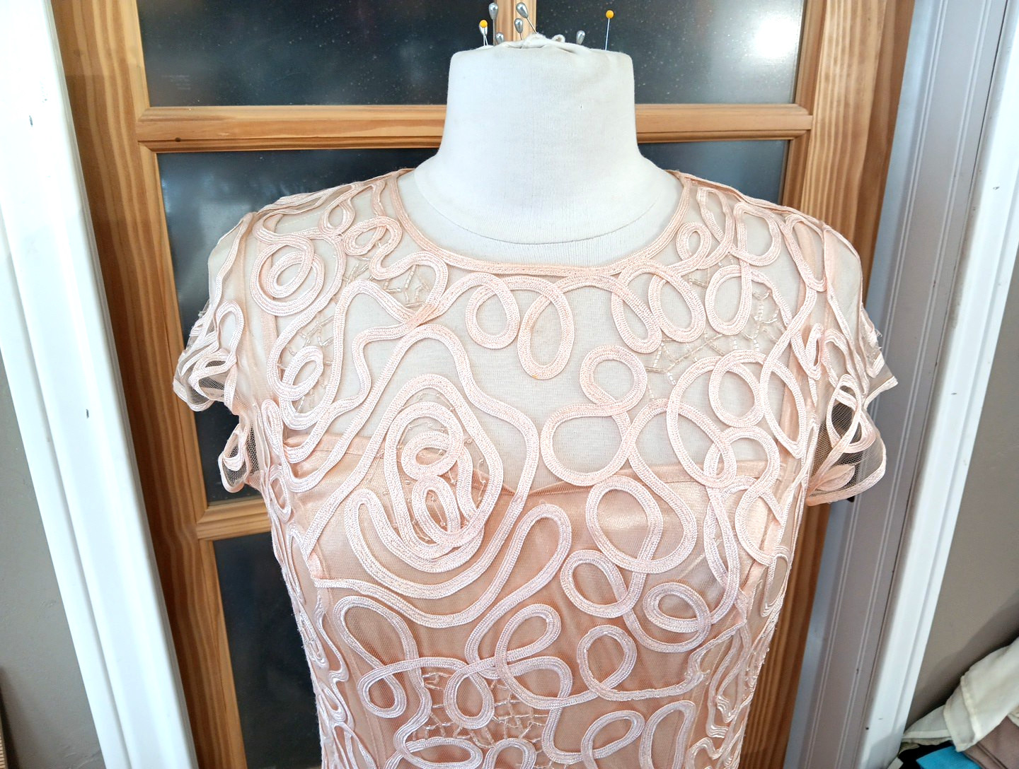 Cinderella Divine Cocktail Dress Ribbons Sequins Beads Overlay Peach Knee NWoT