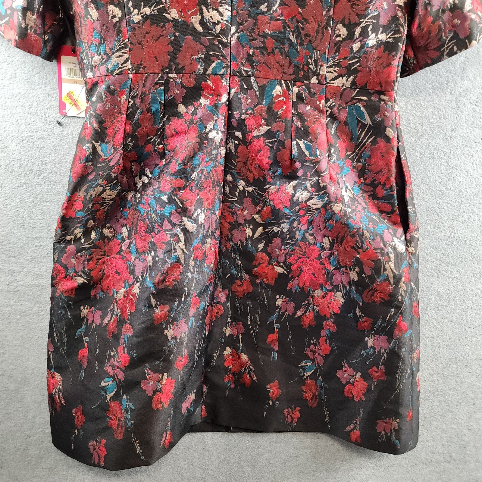 Vince Camuto Floral Jacquard Short-Sleeve Dress Women’s 12 Red Multi Back Zip