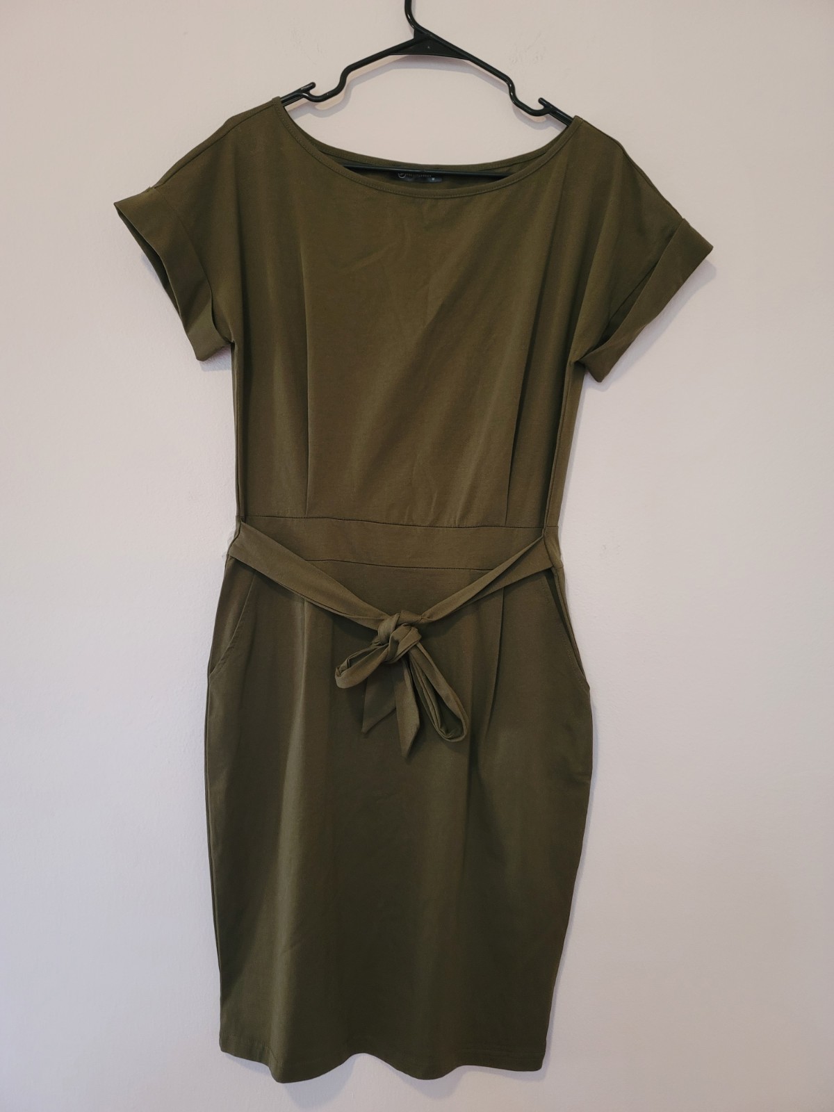 PRETTYGARDEN Sz M Short Sleeve Crewneck Dress Basic Solid Tie Womens Olive Green