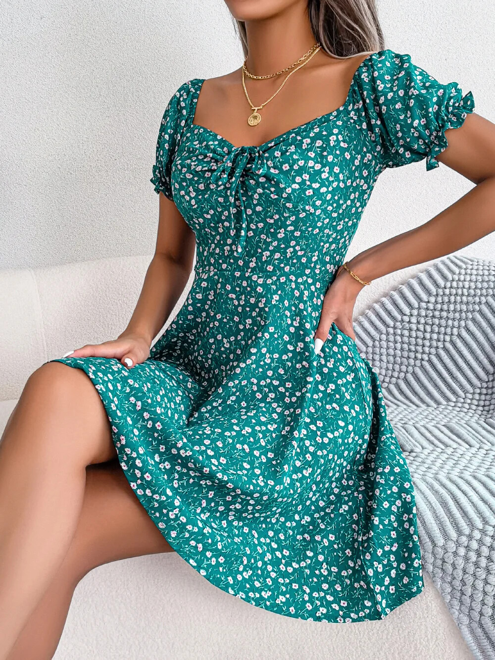 Spring Summer Square Collar Floral Ruffles Mini Dress Women Casual Flare Sleeves
