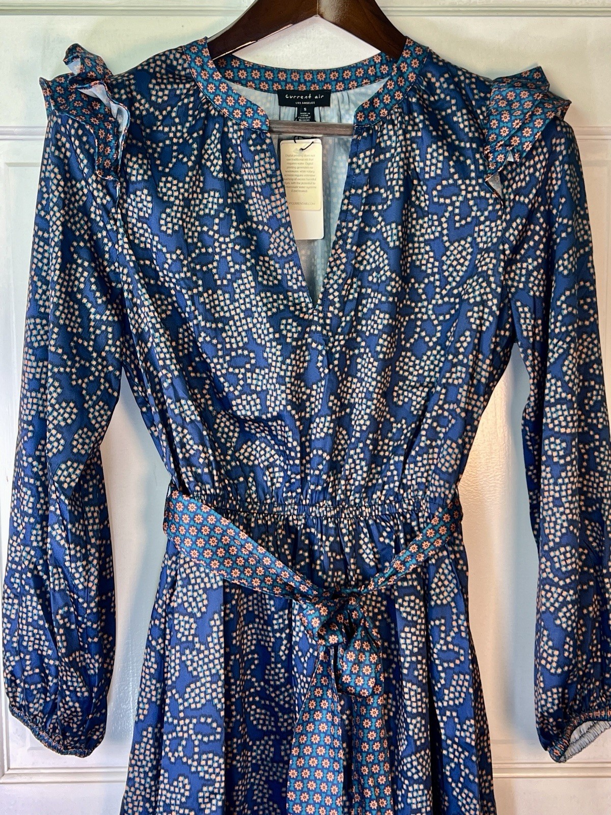 Current Air Womens Midi Dress Blue Floral Ruffle V-Neck Boho Chic S NWT $89