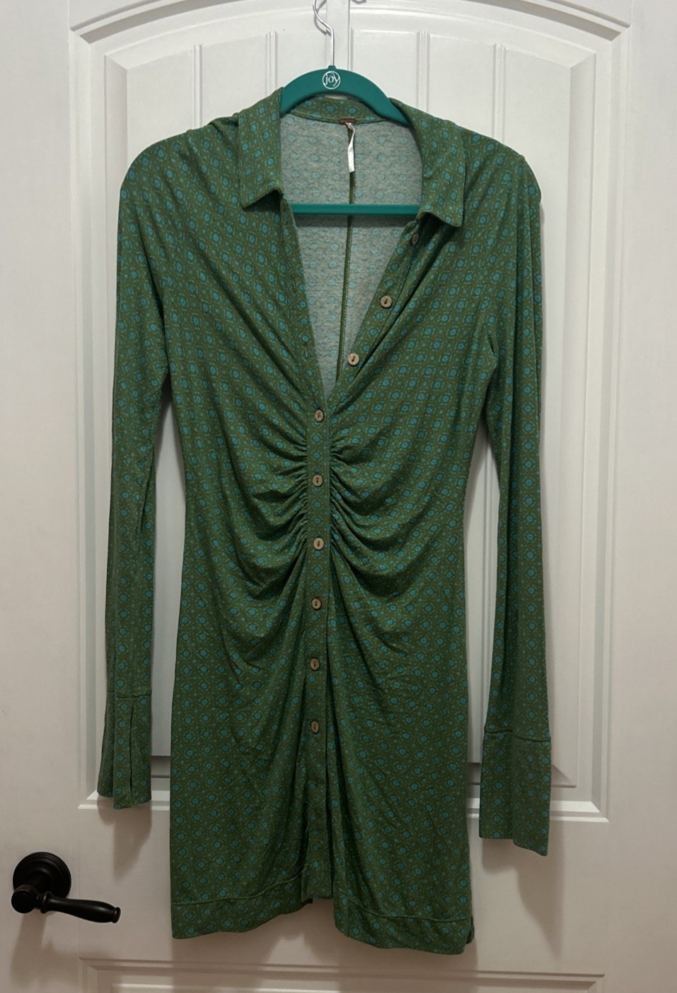 Free People Shayla Green Blue Long Sleeve Button Down Mini Shirt Dress Size S