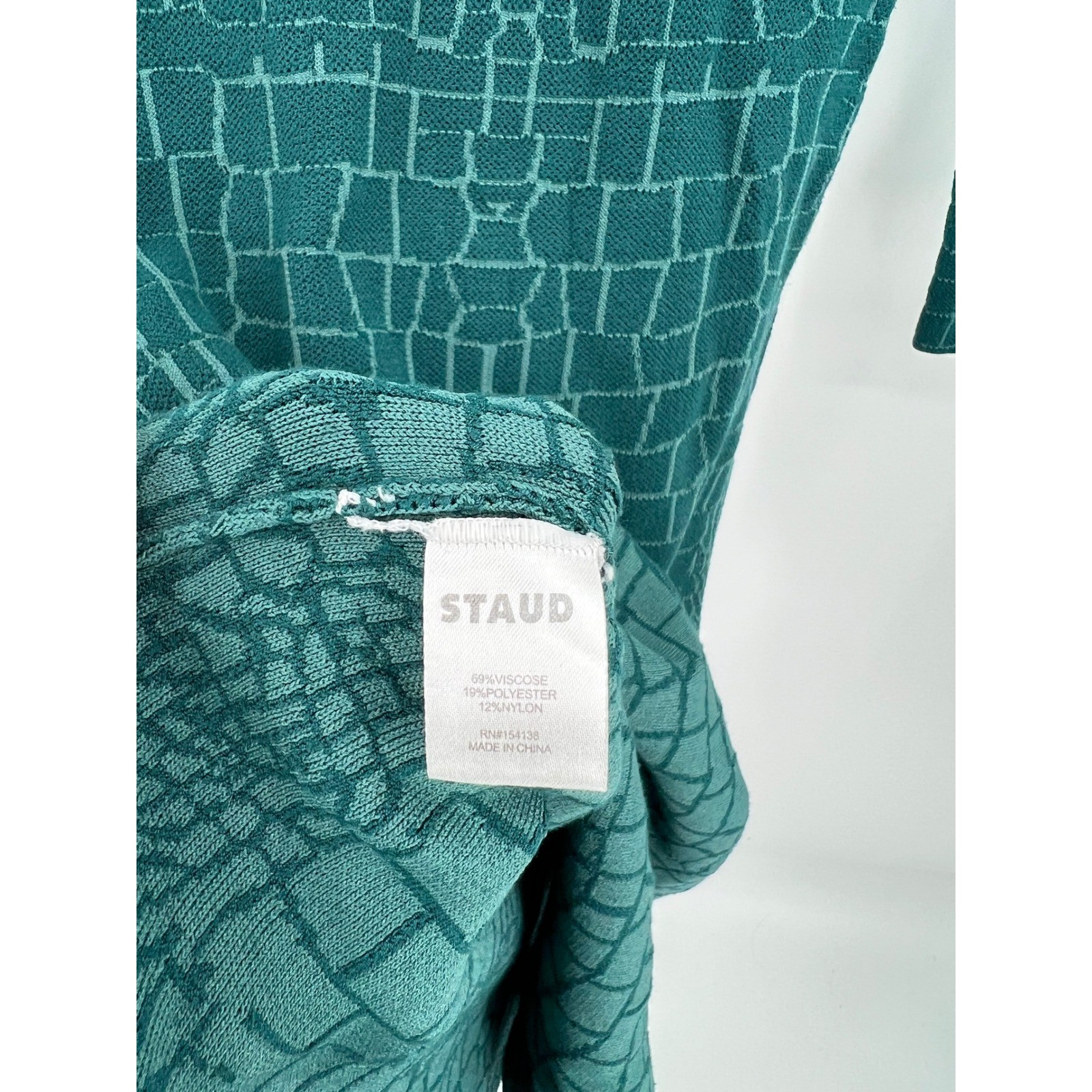 STAUD Teal Green Croc Embossed Jacquard Mock Neck Midi Sweater Dress XS