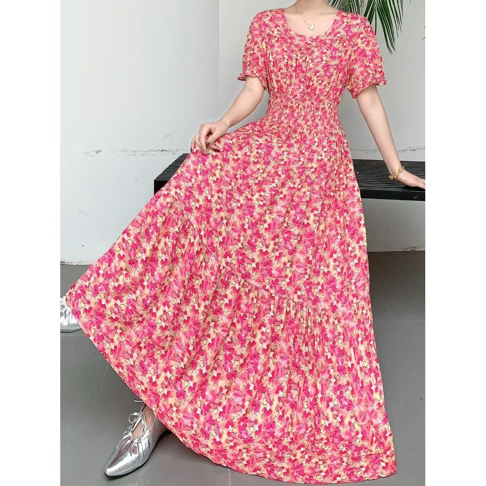 Elegant Boho Casual Midi Dress Ladies Elastic Waist Comfort Fit All Shapes