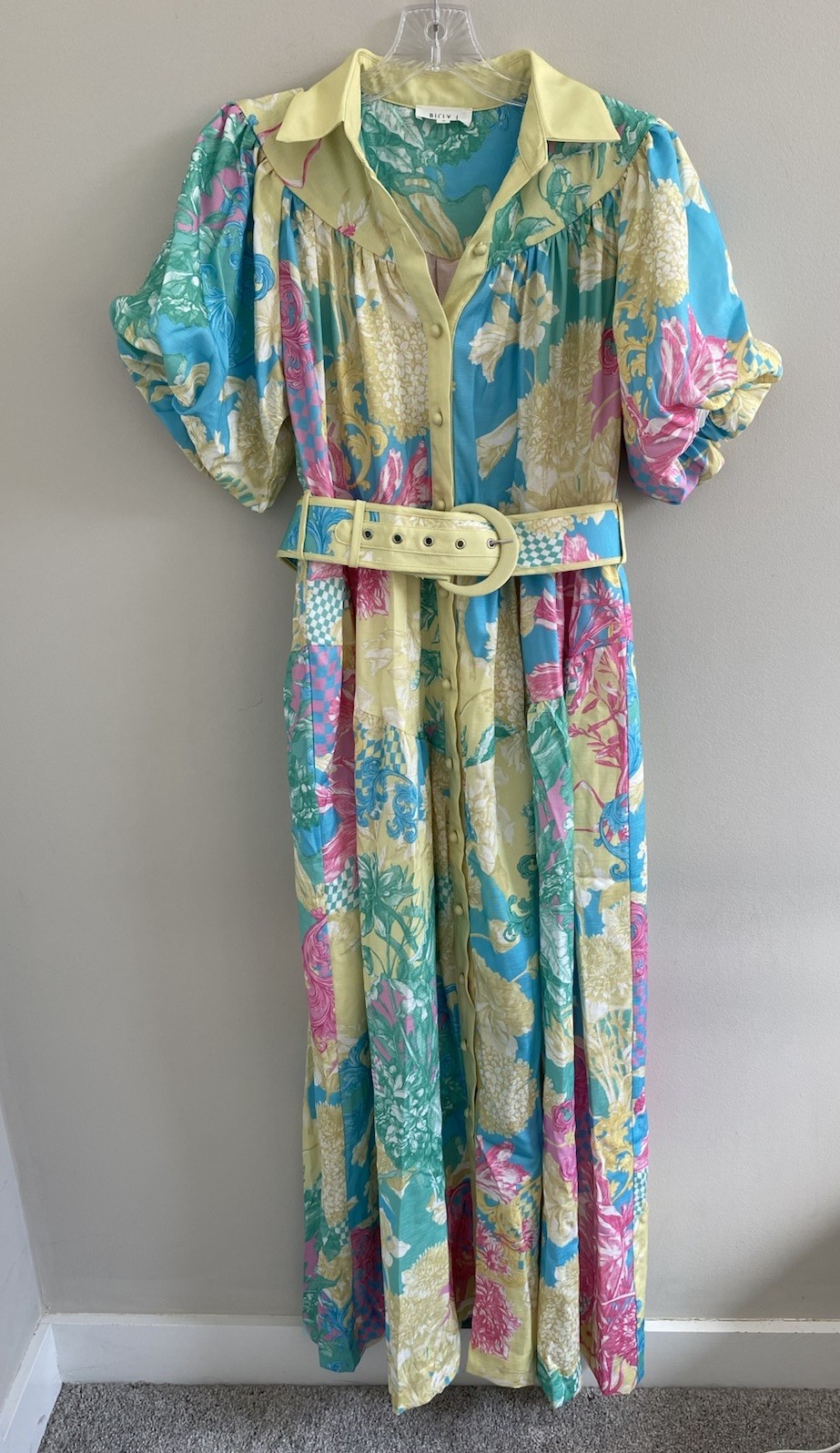 Billy J. Yellow Pink & Blue Floral Linen Blend Maxi Dress Womens Size Small