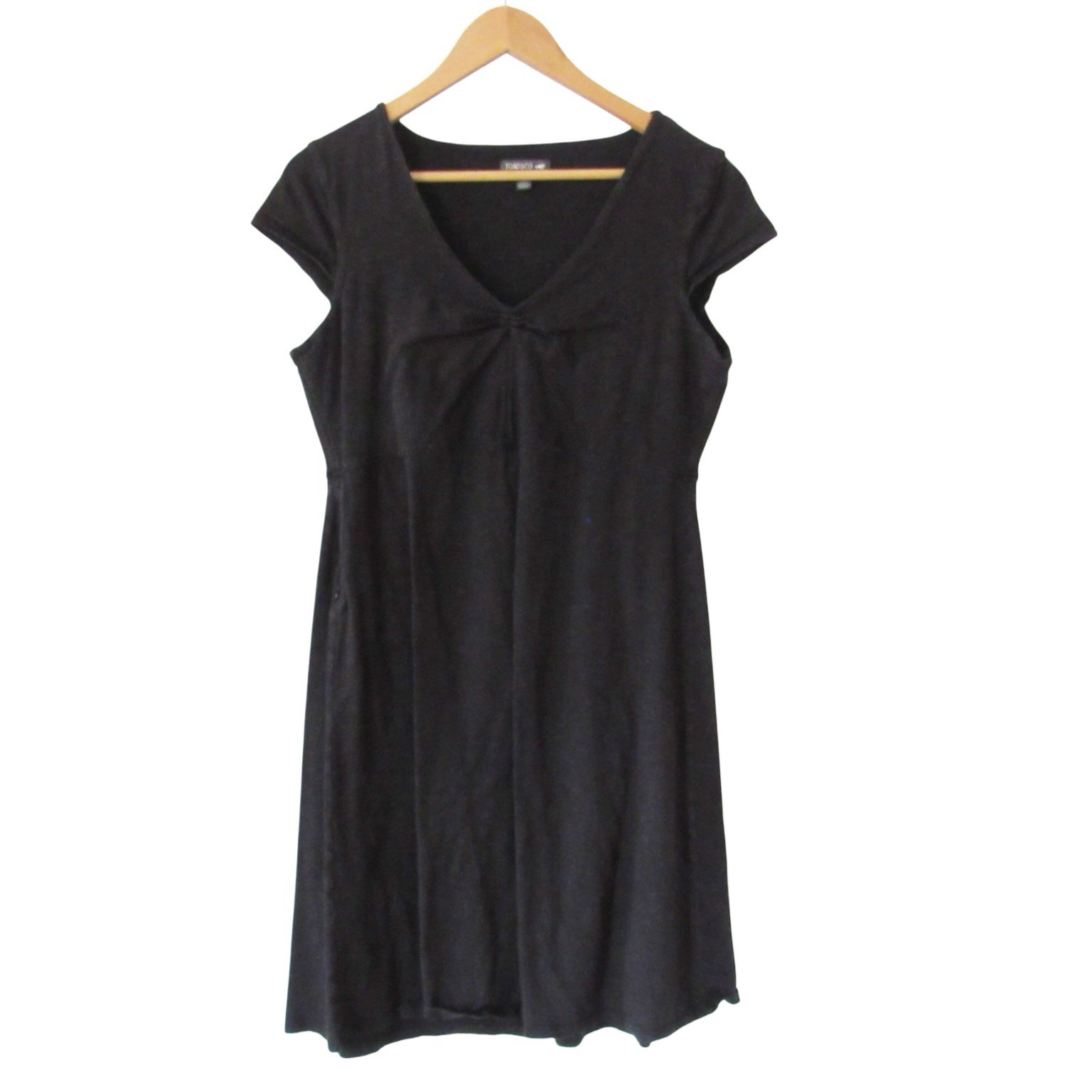 Toad Co Rosemarie Dress Large Black Cap Sleeves Stretch A-Line V-Neck Athletic