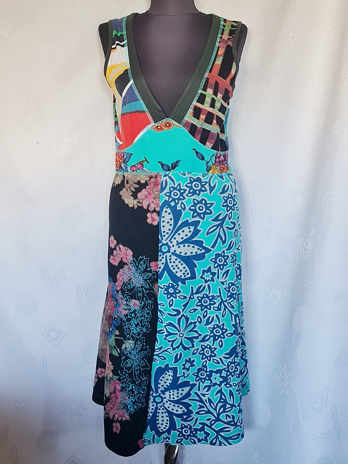 DRESS VINTAGE AUTHENTIC FLORAL ART EMBROIDERY BLUE WOMENS SIZE US 10 EU 38 M