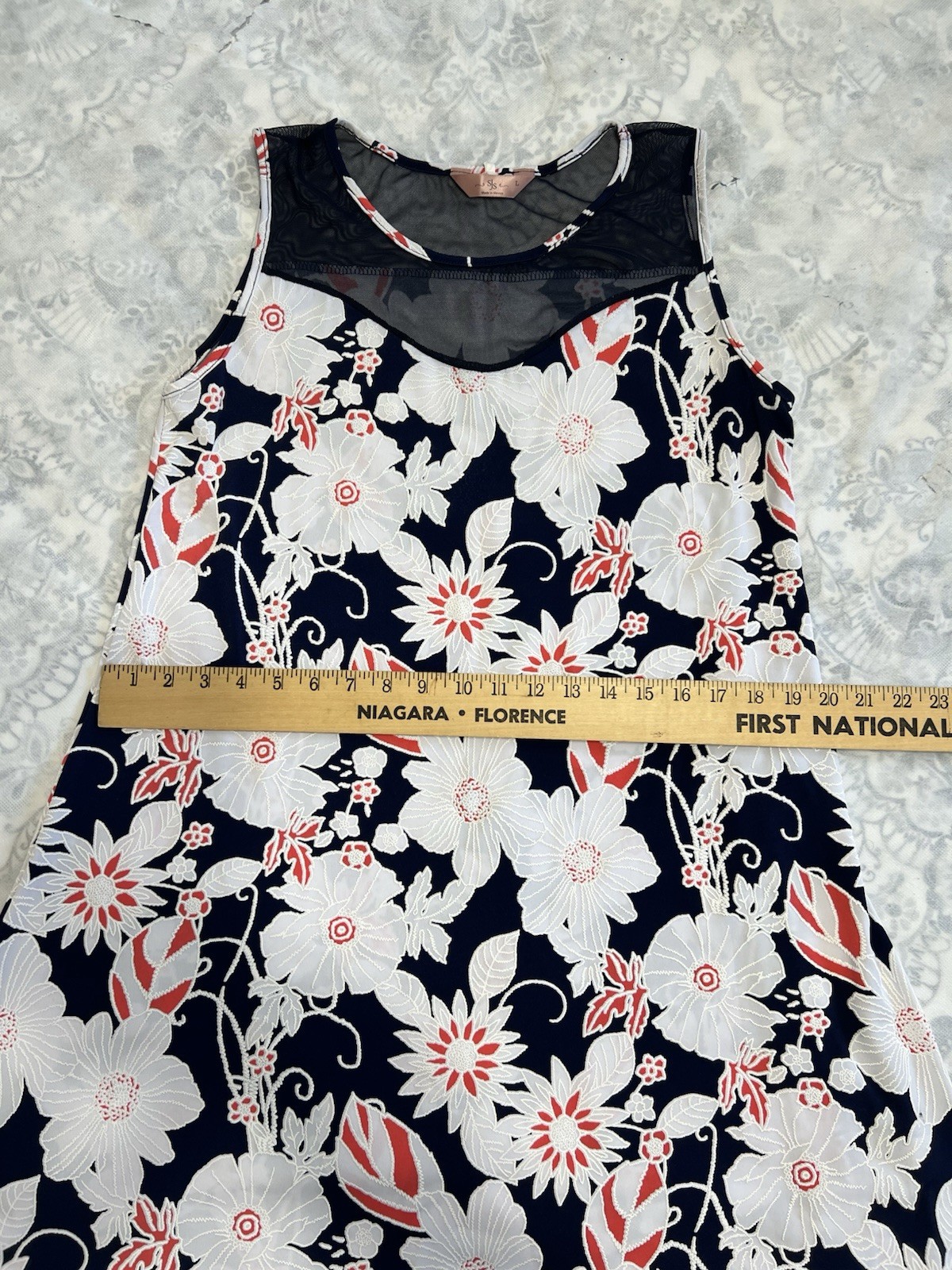 SJS Floral Sleeveless Shift Textured Dress Sz L Mesh Coastal Resortwear Cruise