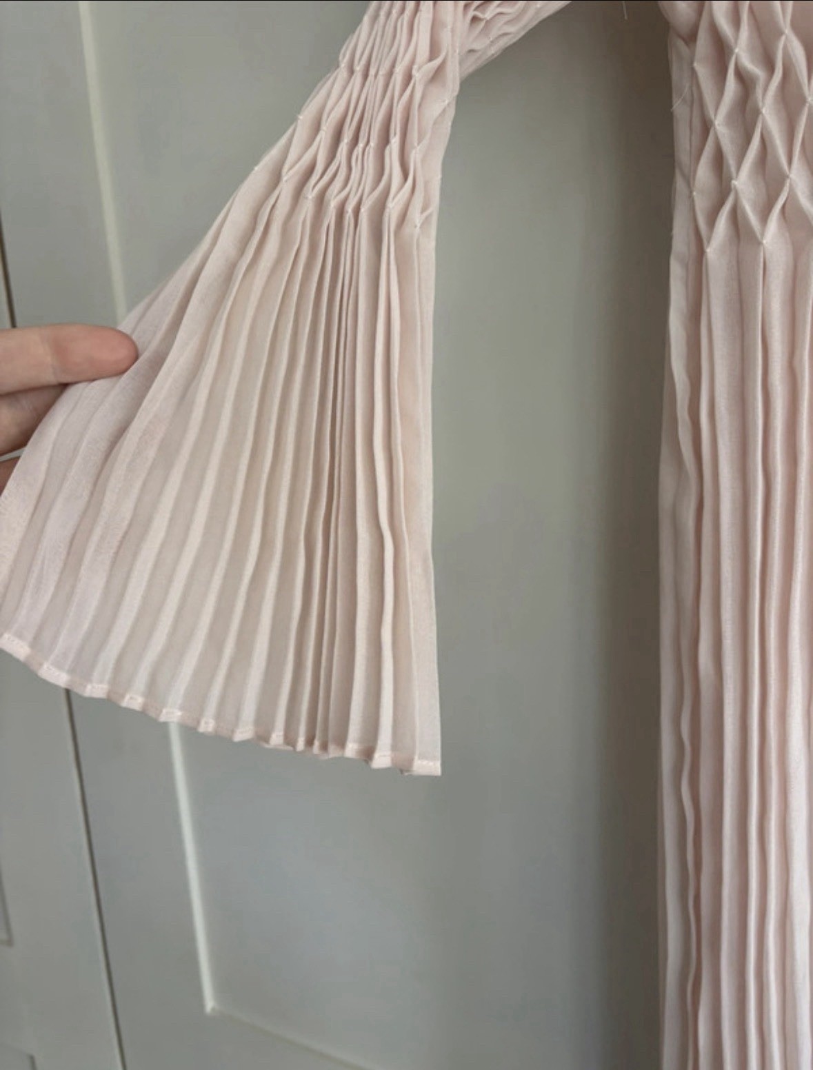 Topshop Textured Smocked Plisse Pleated Bell Sleeve Mini Dress Peach Pink S 10