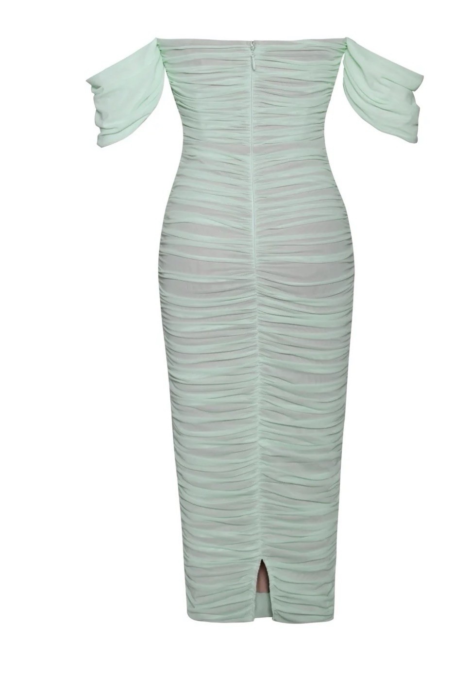 Womens Mint Green Off Shoulder Ruched Mesh Bodycon Midi Dress Size S Zip Closure