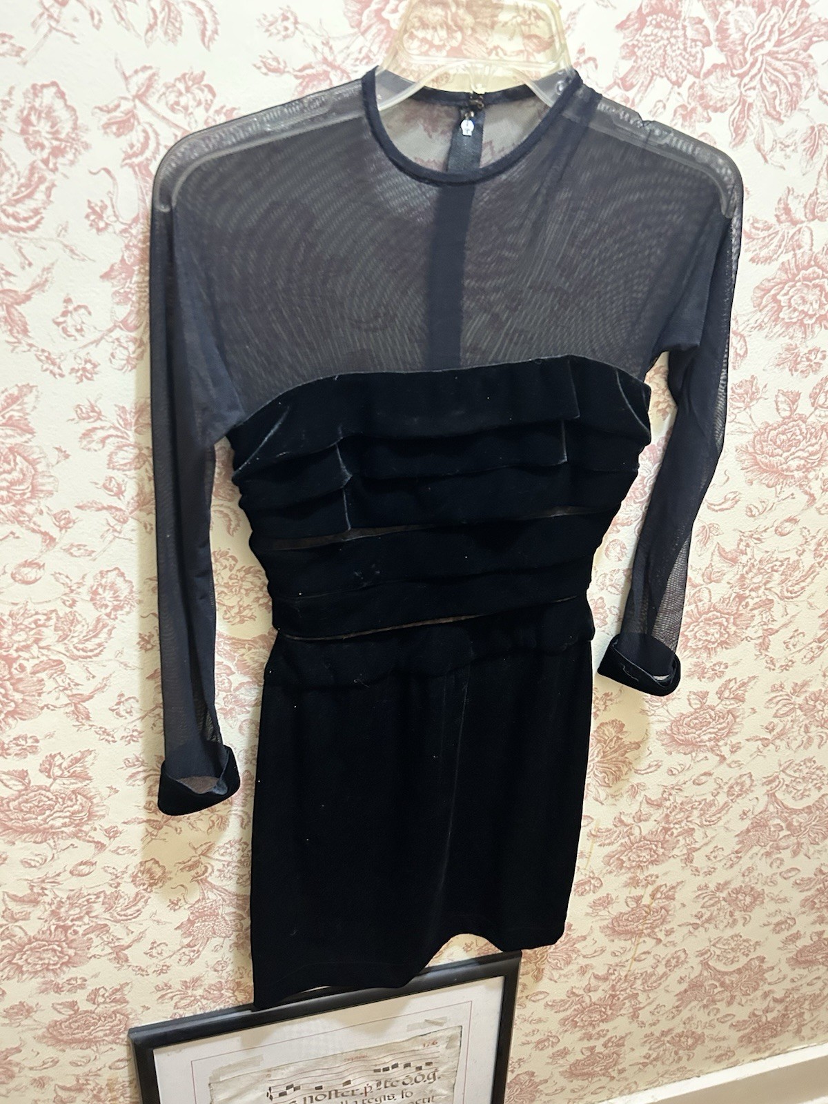 90s Tootsies Women’s Black Mesh Sheer Long Sleeve Bodycon Dress S Crew Neck Zip