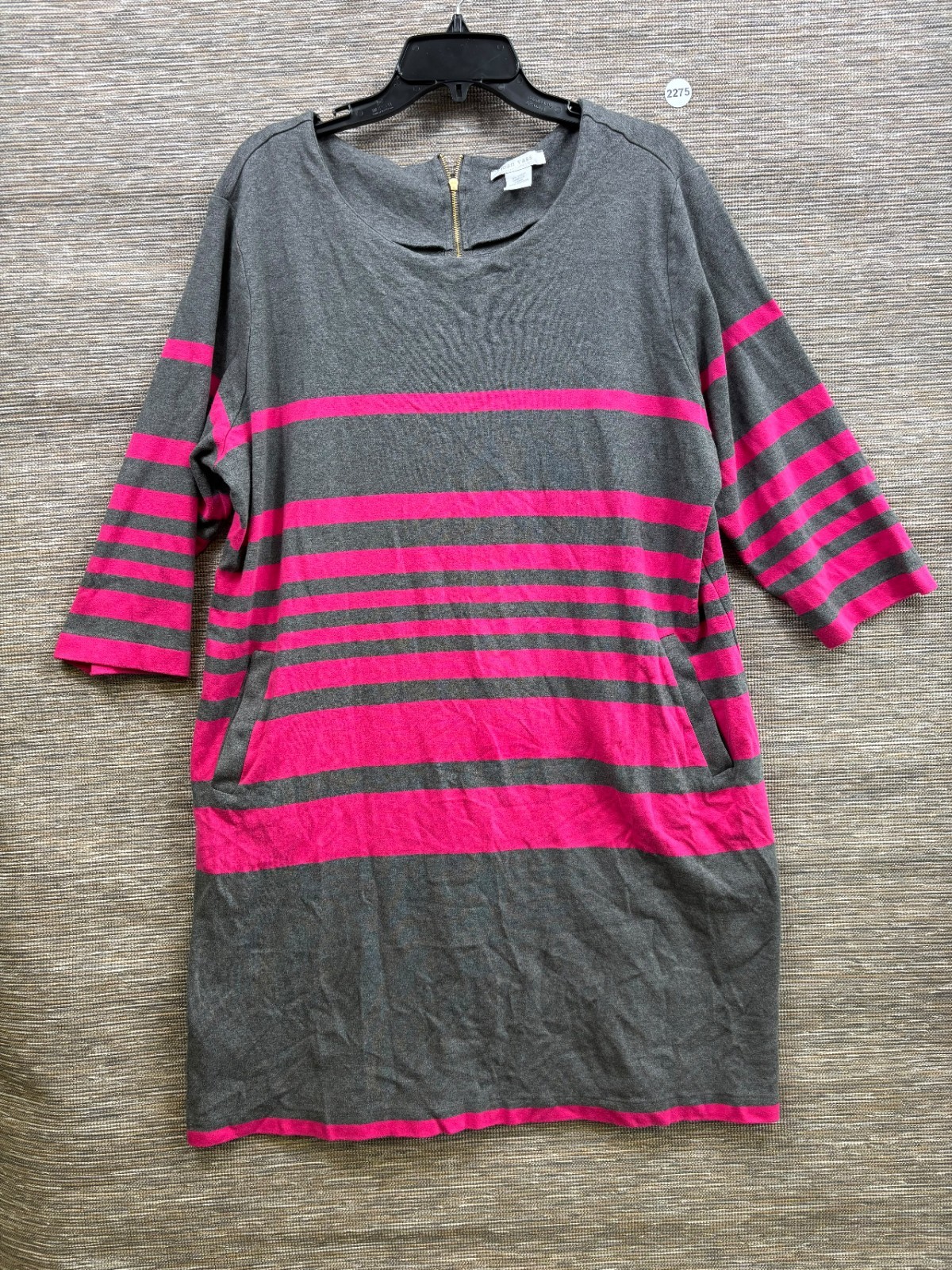Joan Vass Shift Dress Womens Sz 3X Gray Pink 3/4 Sleeve Half Back Zipper Casual