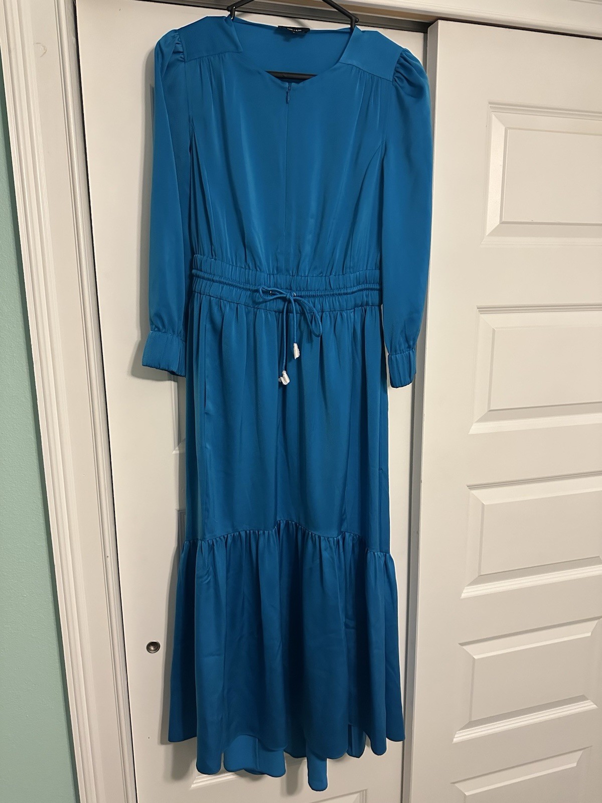 ME+EM Tie Waist Zip Front Maxi Dress Pockets Long Sleeve UK 6 US 2 Blue NWOT
