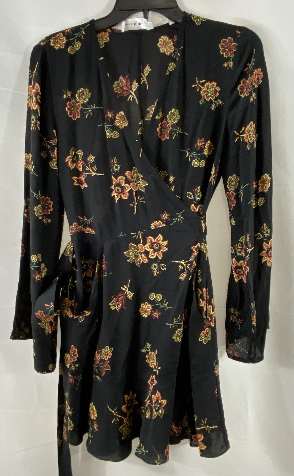 A.L.C. Women’s Black Floral 100% Silk Long Sleeve Mini Wrap Dress Sz 4
