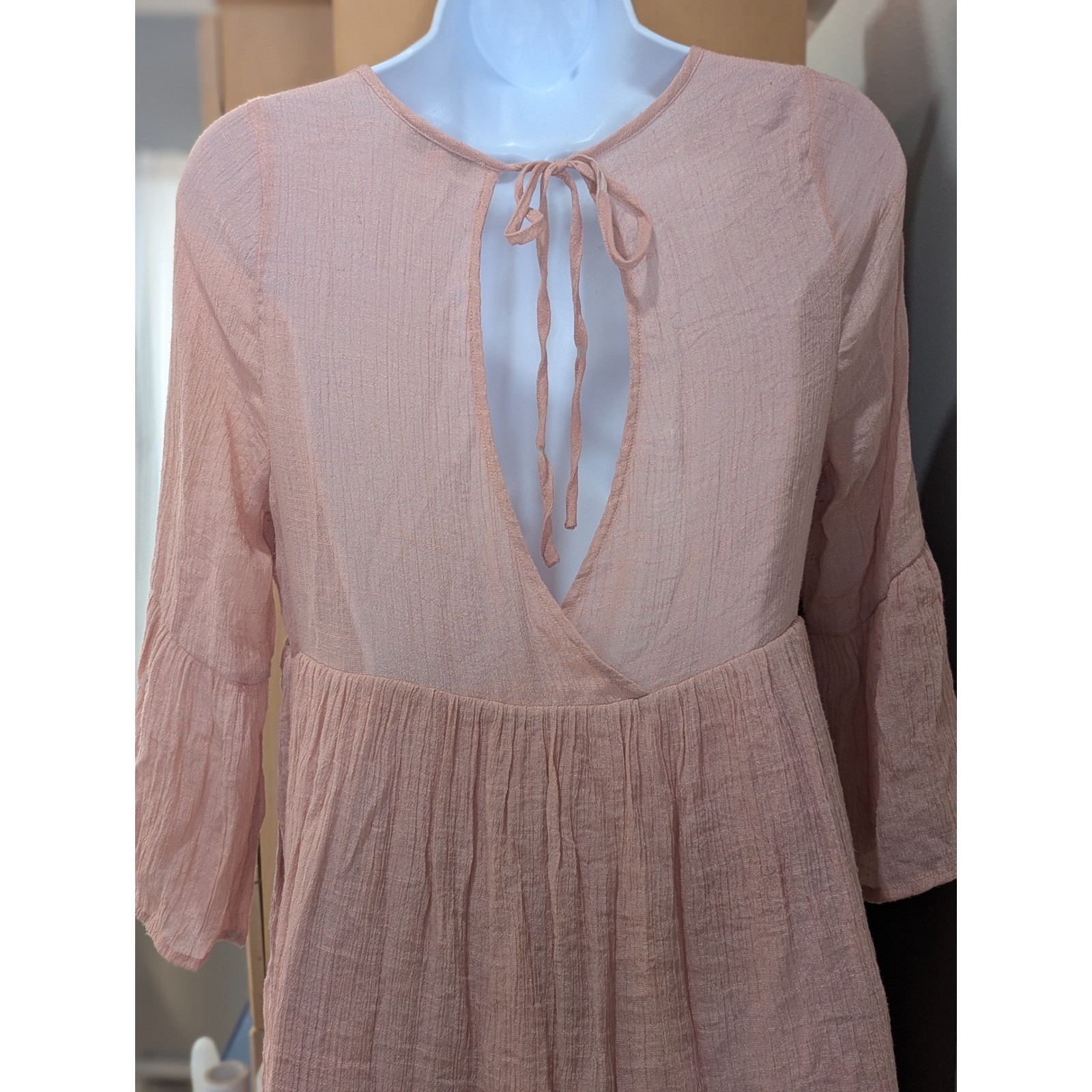 Tassels N Lace Pink Embroidered Bell Sleeve Babydoll Mini Boho Dress Small