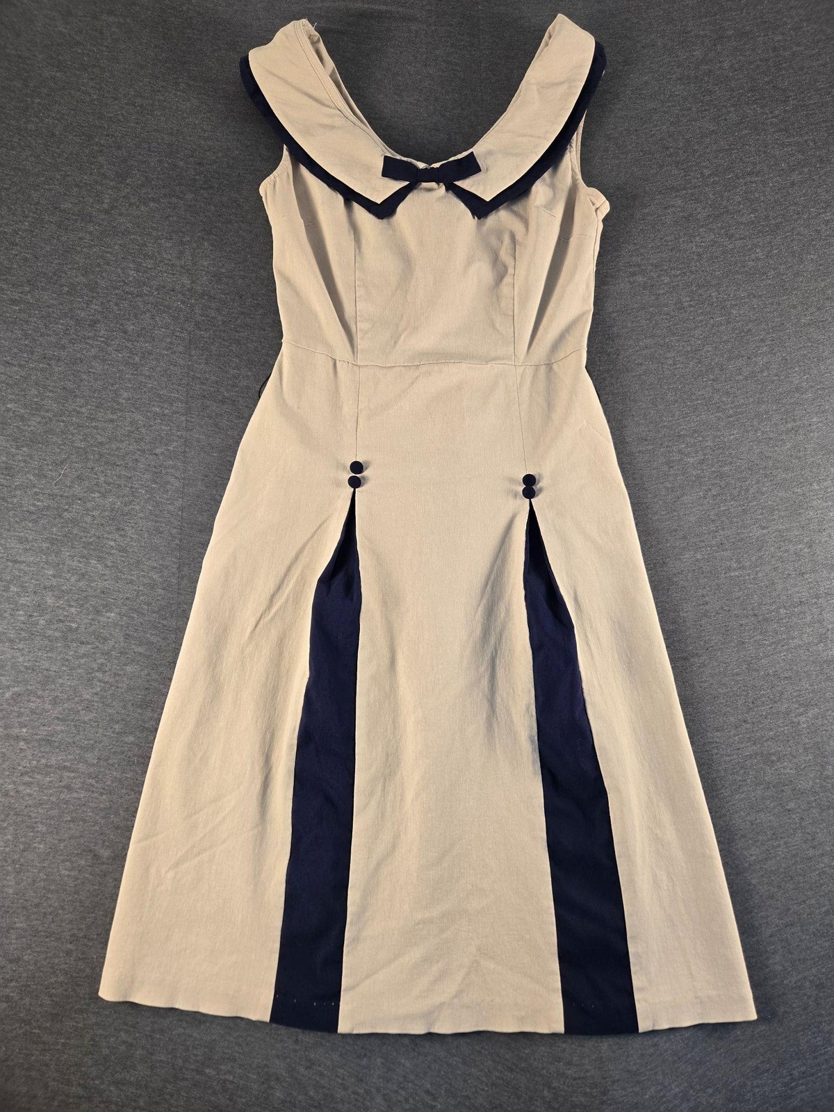 Stop Staring Dress Womens Large Beige Navy Nautical Bow Fit Flare Retro Midi
