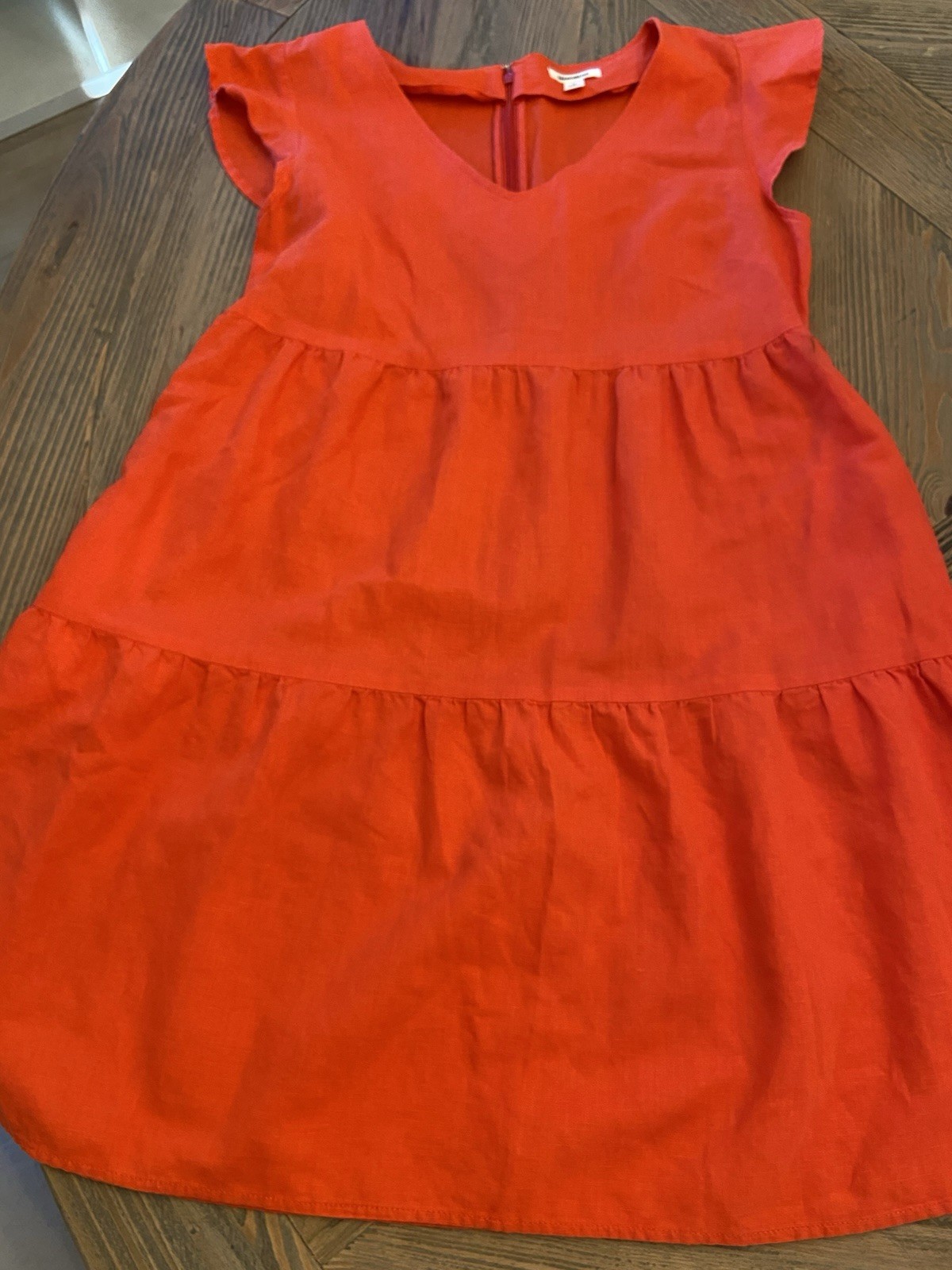 Goodthreads Linen Cotton Tiered Dress Women’s Medium Coral Red Flutter Sleeve