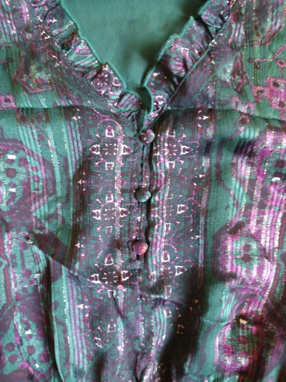 Frye Knee Length Dress Ruffle Buttons Lurex Green Purple Floral Size M Women’s