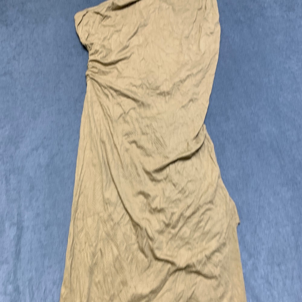 Micas Ruched Bodycon Dress Womens Large Khaki Asymmetric One Shoulder Front Slit