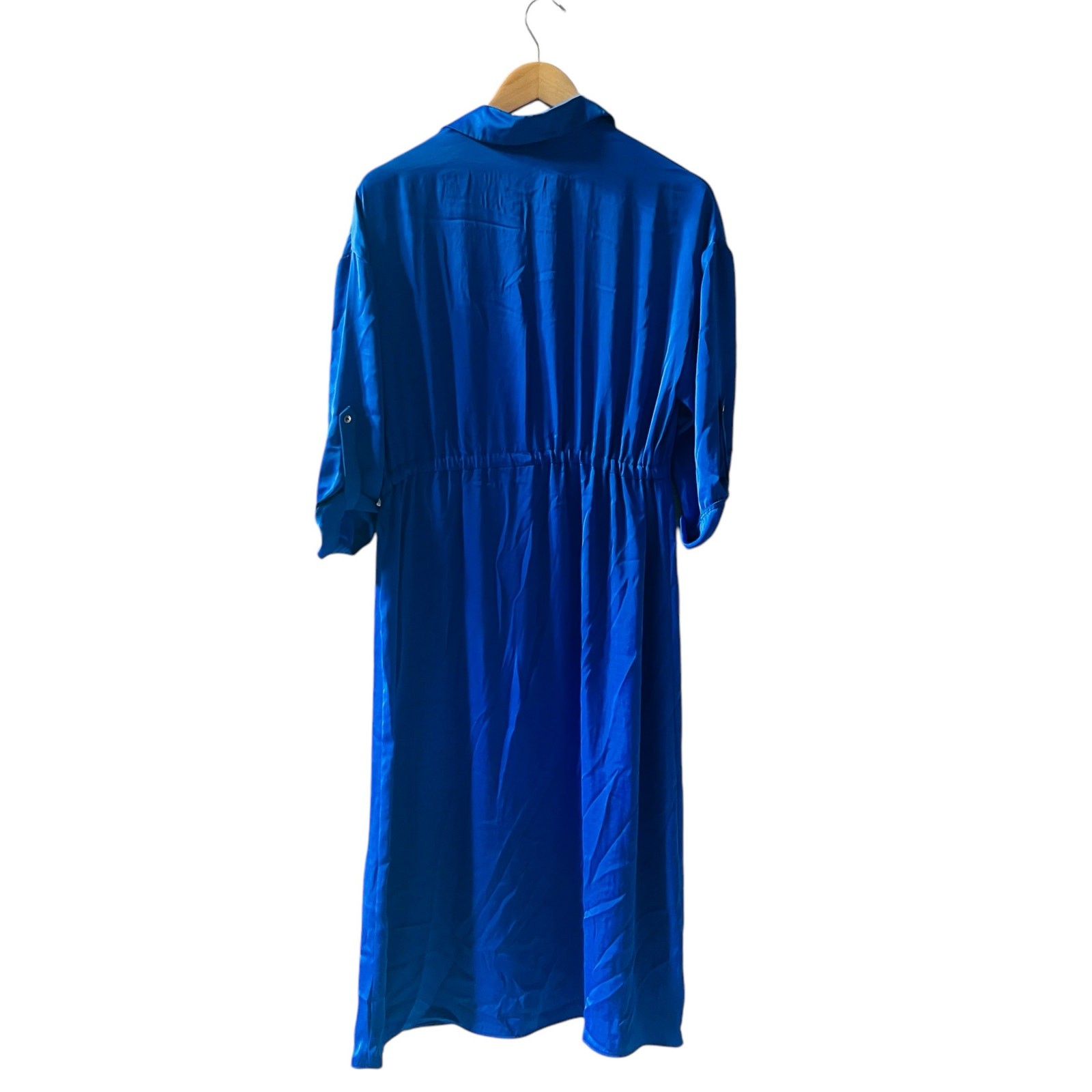 Zara Satin Button Up Drawstring Waist Shirt Dress Size XS Blue
