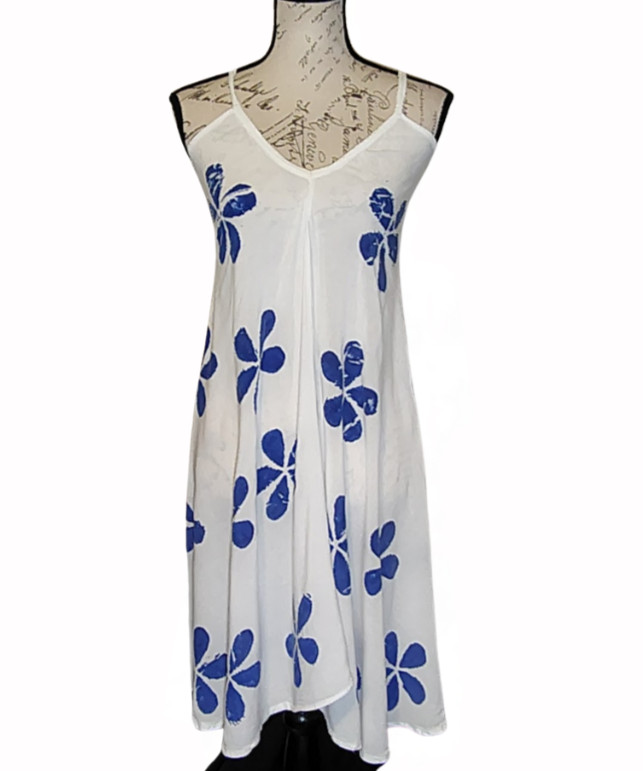 India Botique White Blue Tropical Floral A-line Sundress OS Rayon Resort Wear