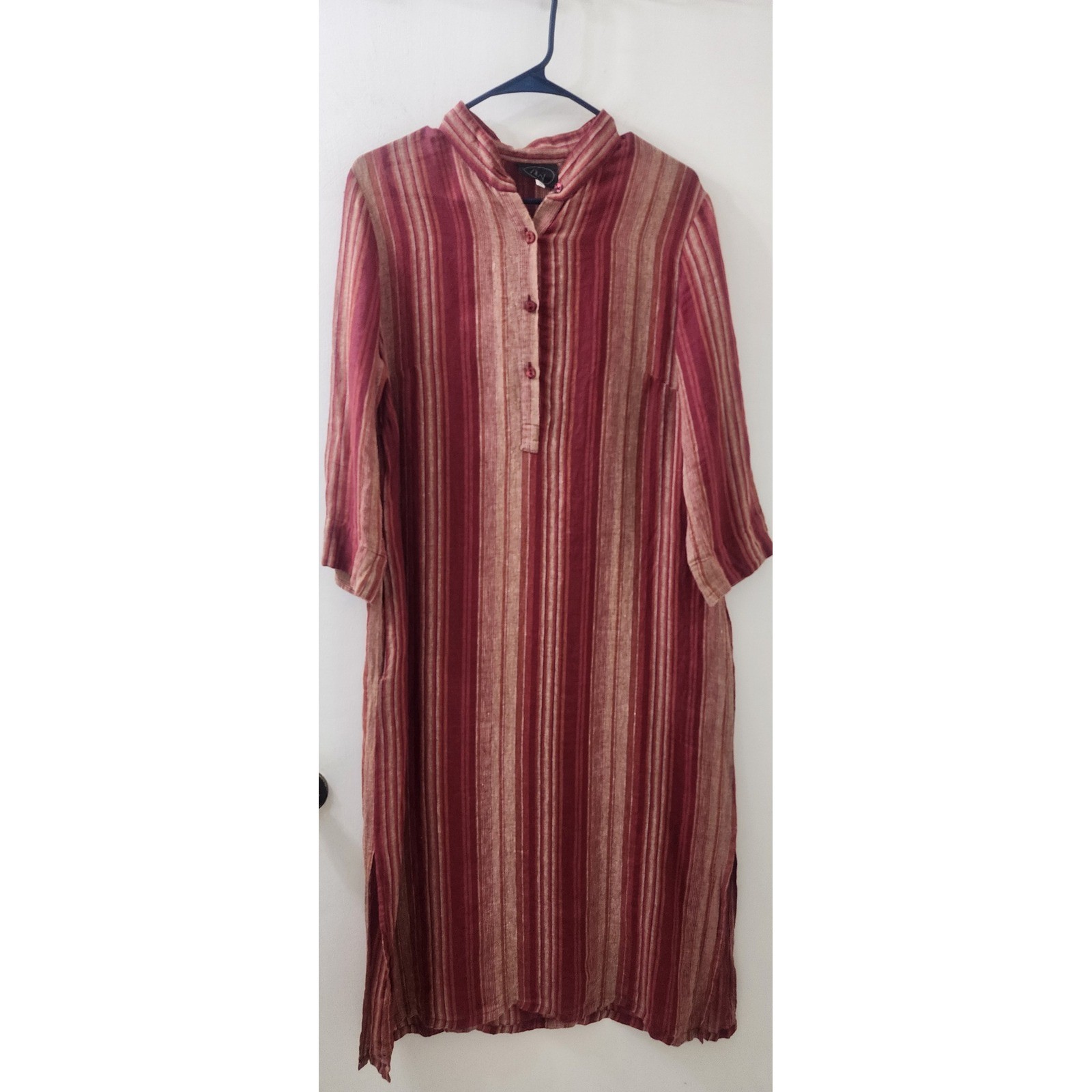Silky Red Striped Mandarin Collar Tunic Dress Womens Size 46 Midi Side Slits