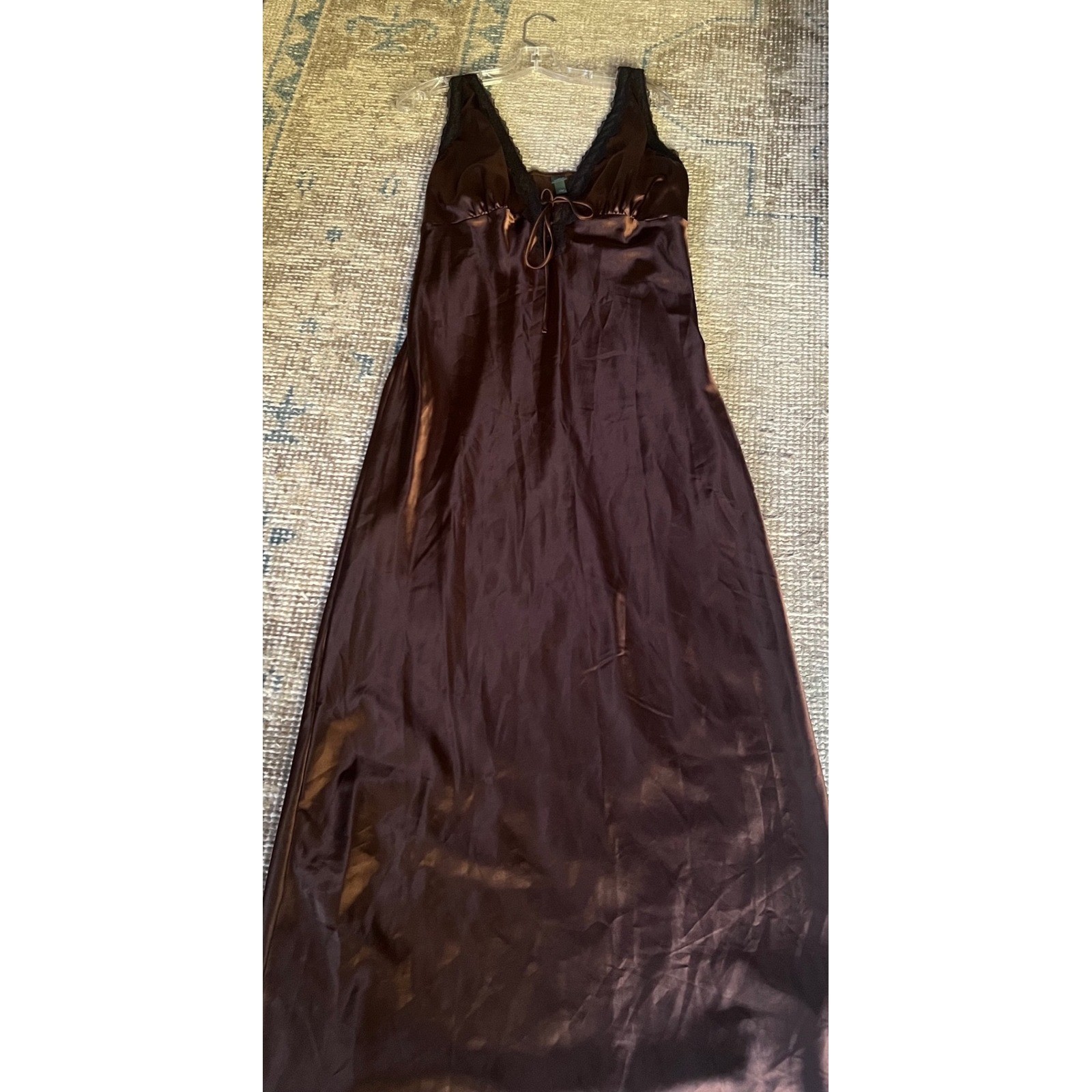 Babydoll Y2K Brown Satin Lace Trim Maxi Slip Dress Womens Large Chocolate V-Neck